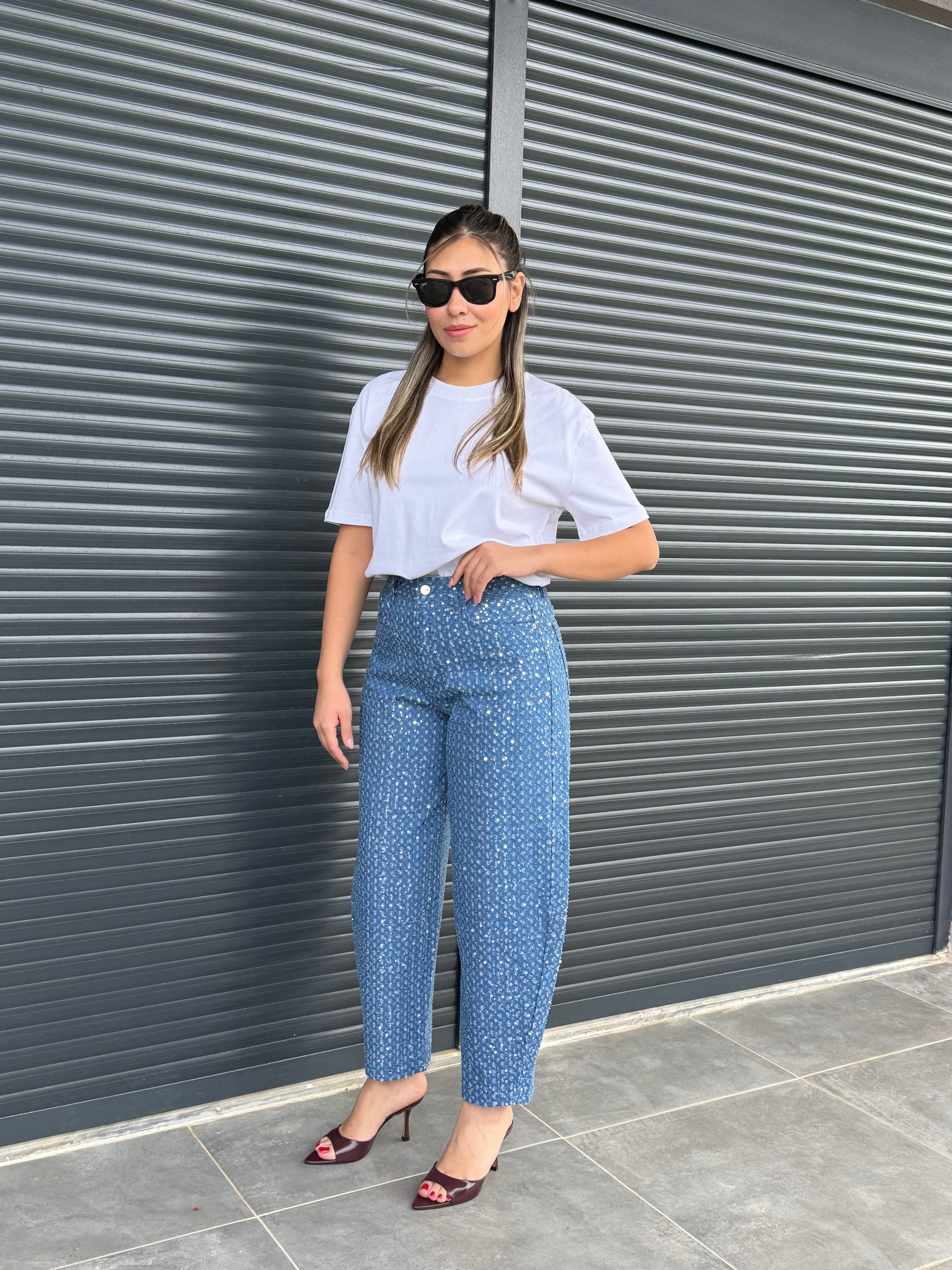 Premium Pullu Balon Jean Koyu Mavi