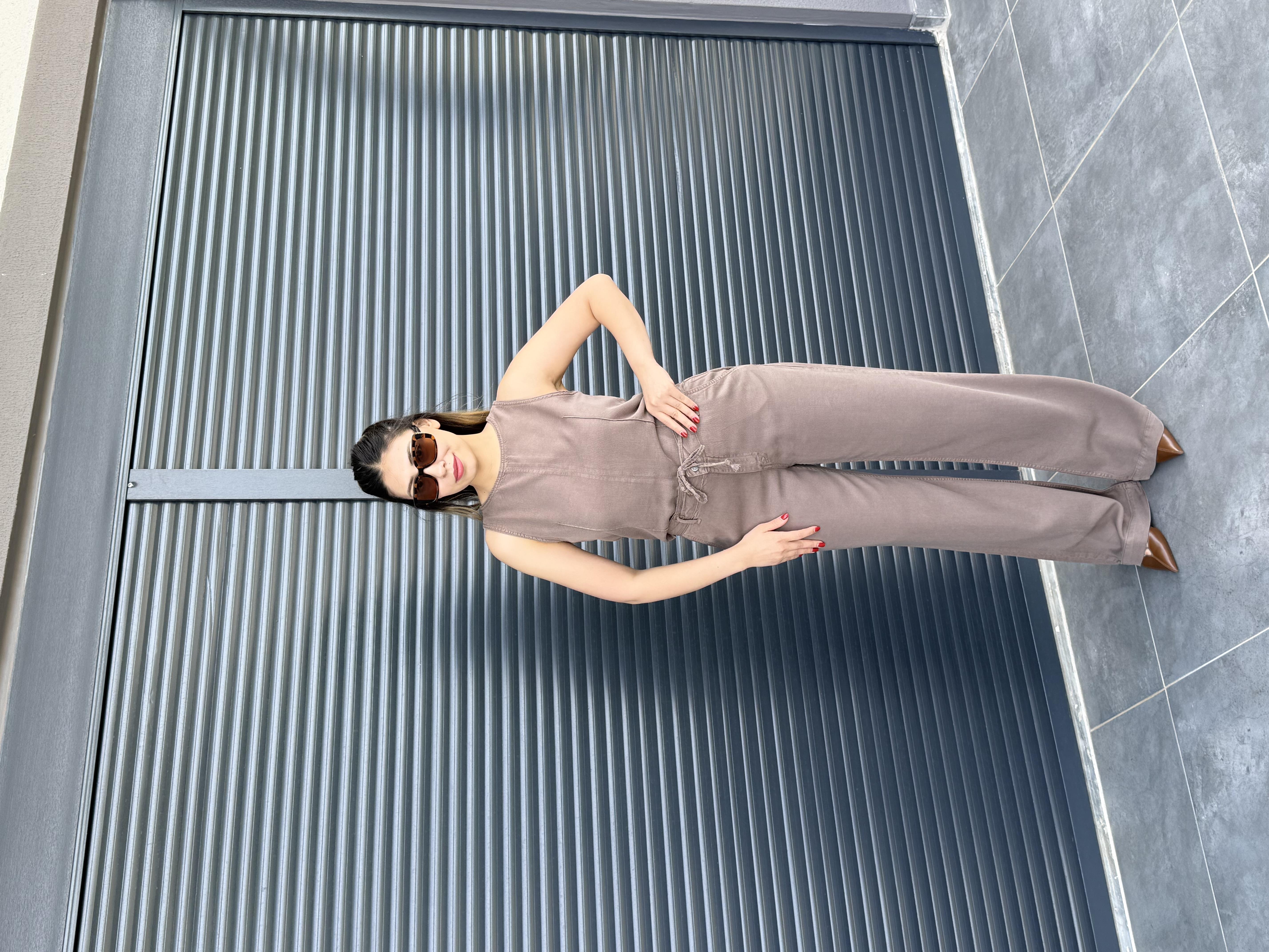 Premium Tensel Denim Bluz Pantolon Takım Kahverengi