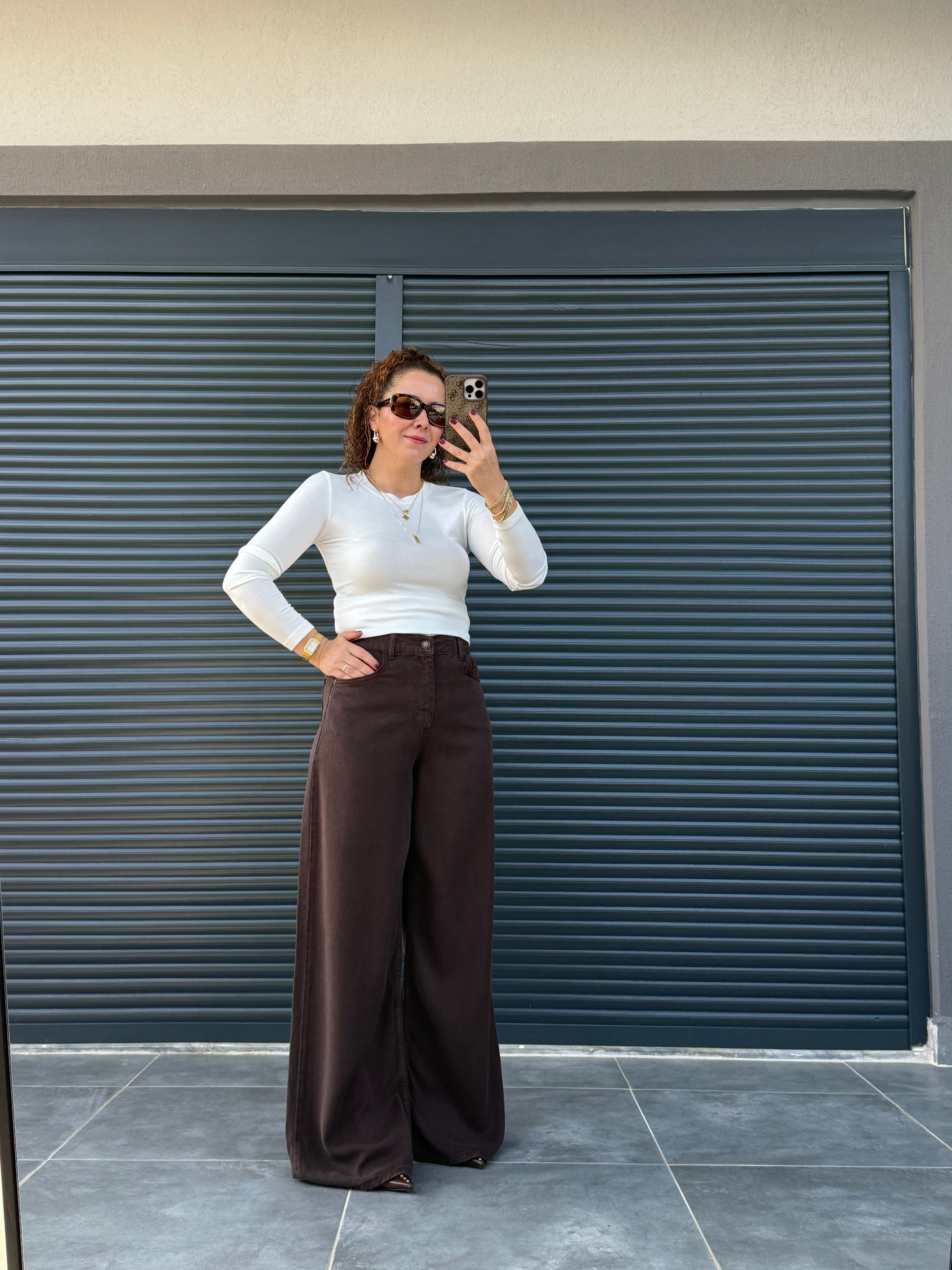 Premium Yumuşak Dokulu Denim Palazzo Acı Kahve