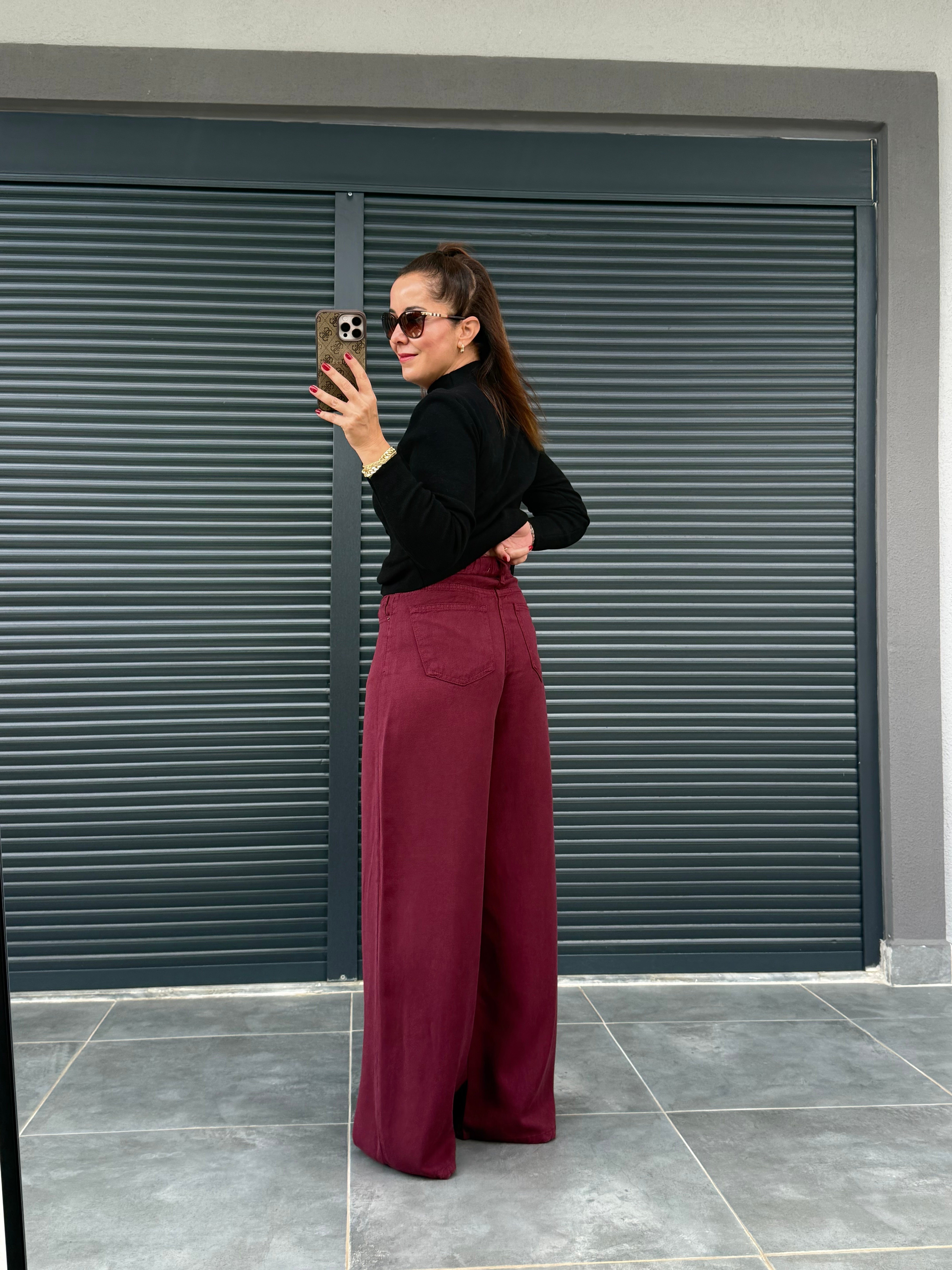 Premium Yumuşak Dokulu Denim Palazzo Bordo