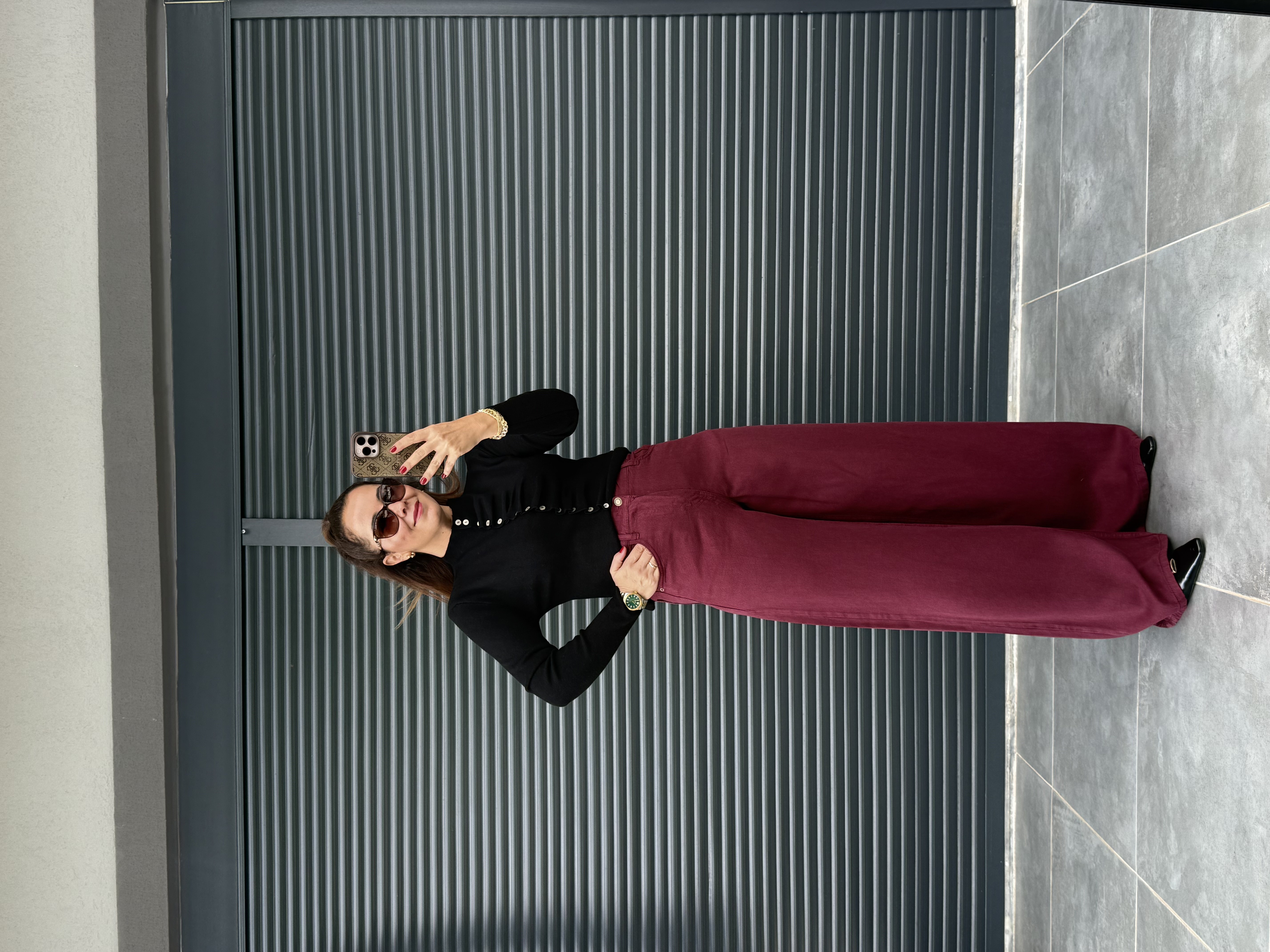 Premium Yumuşak Dokulu Denim Palazzo Bordo