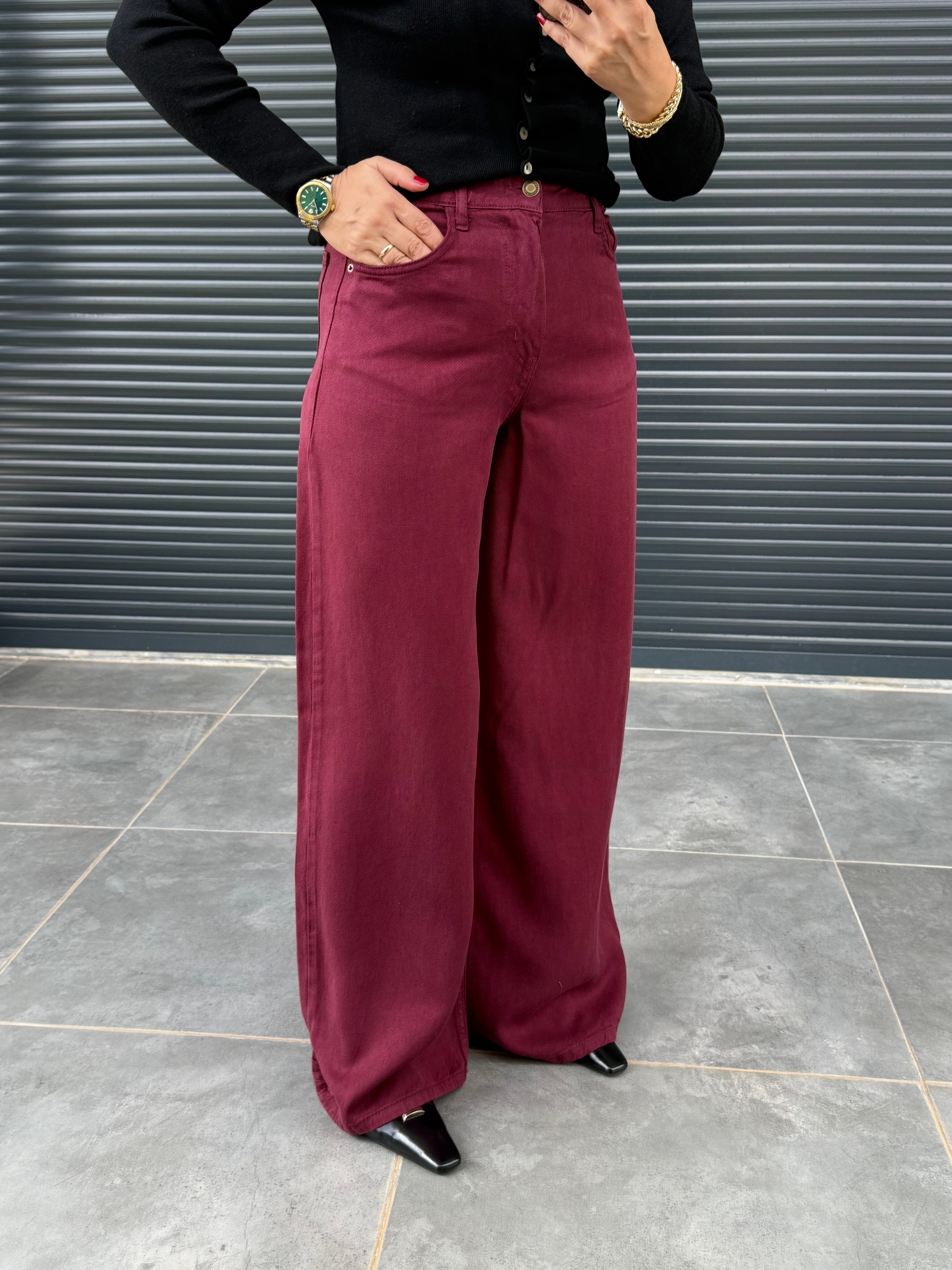 Premium Yumuşak Dokulu Denim Palazzo Bordo