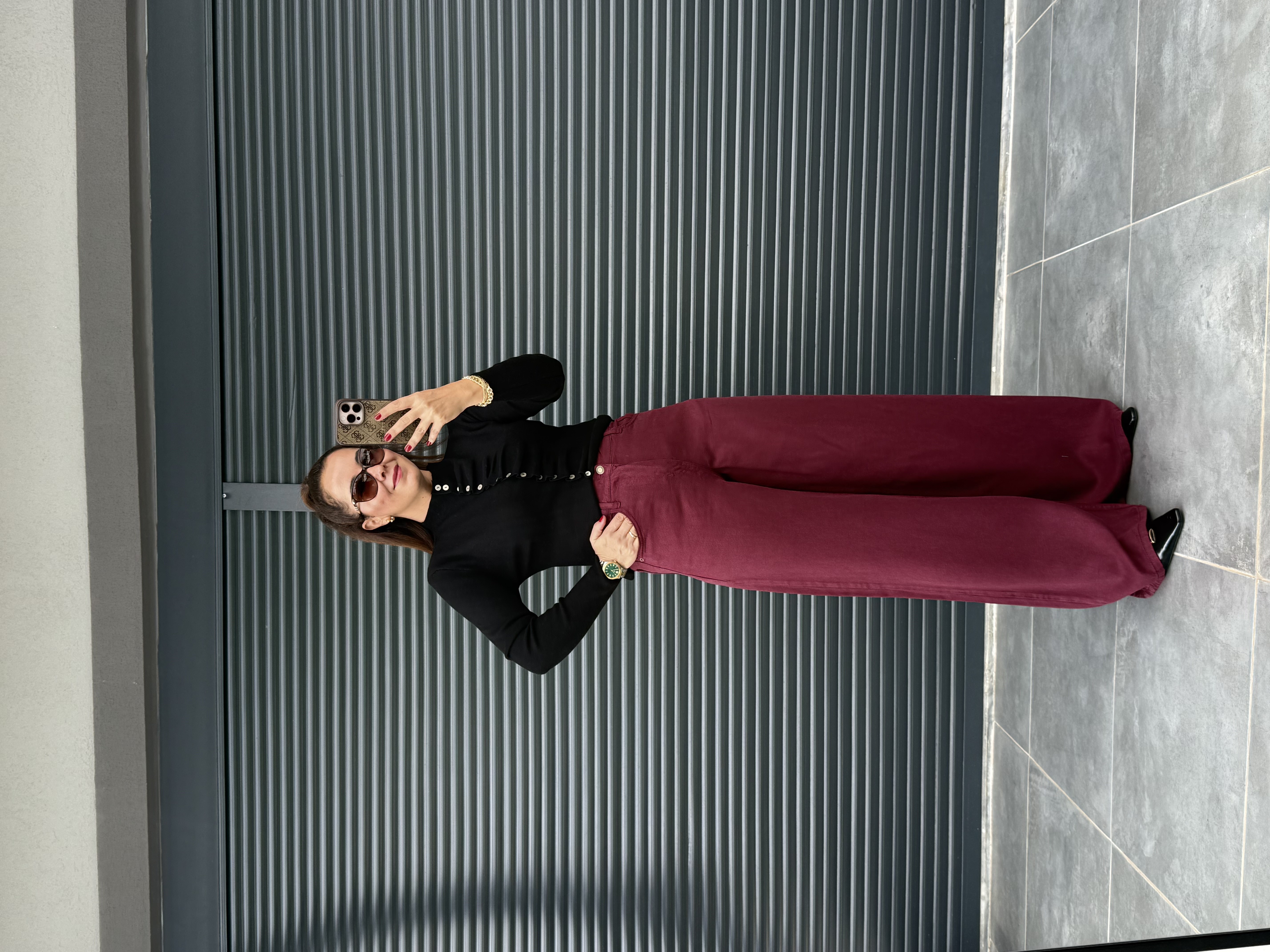 Premium Yumuşak Dokulu Denim Palazzo Bordo