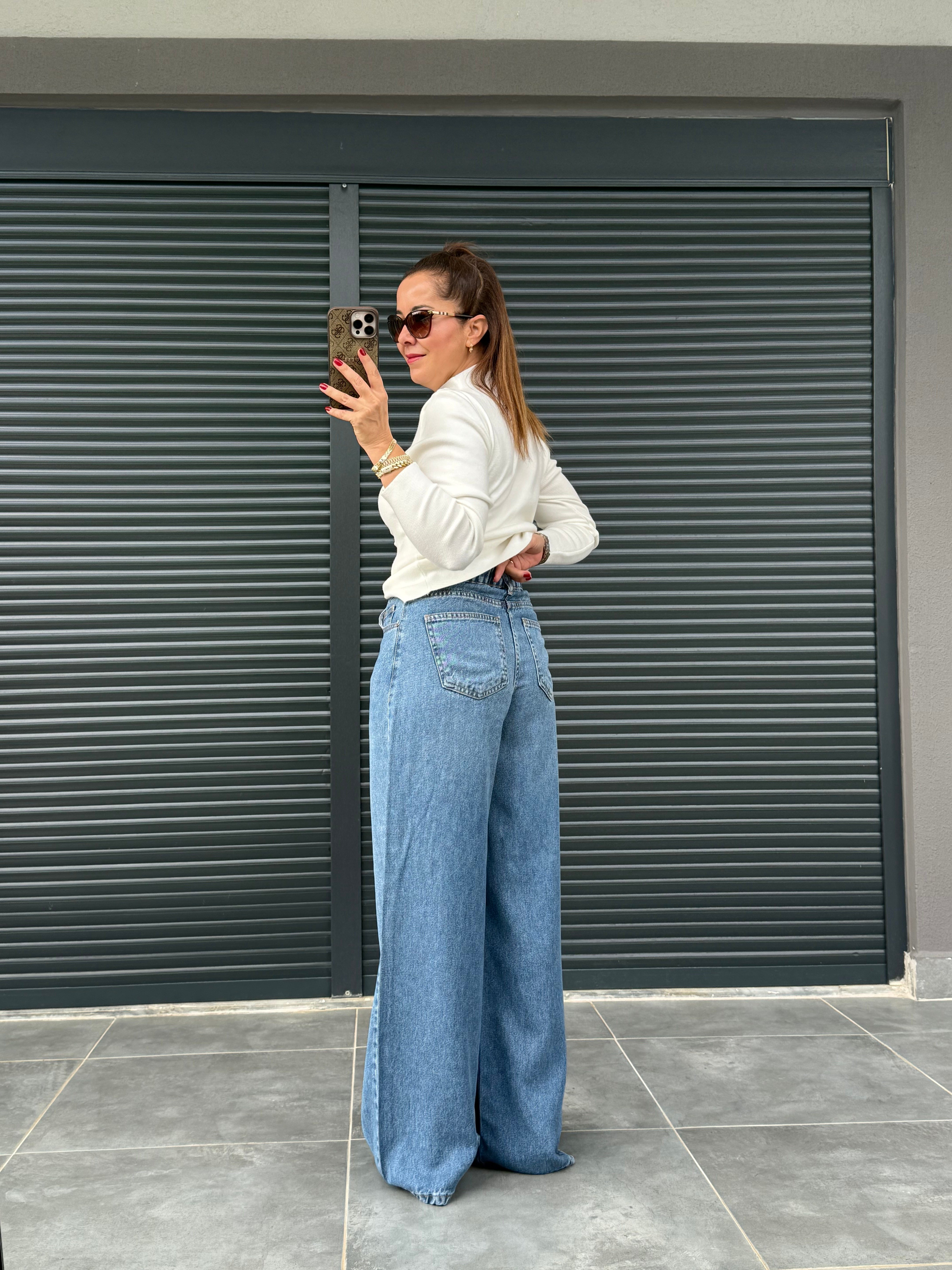 Premium Yumuşak Dokulu Denim Palazzo Kot Mavi
