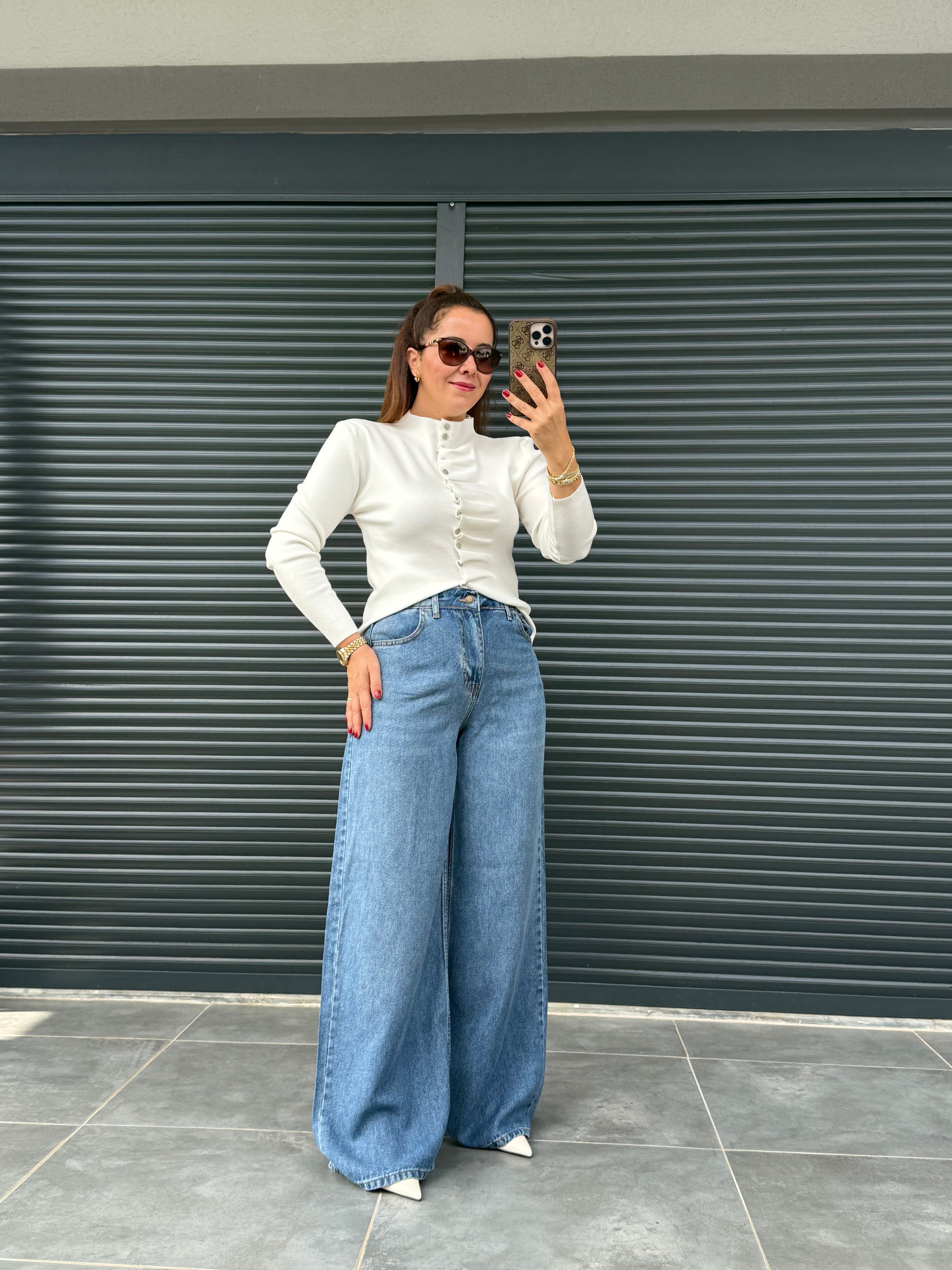 Premium Yumuşak Dokulu Denim Palazzo Kot Mavi
