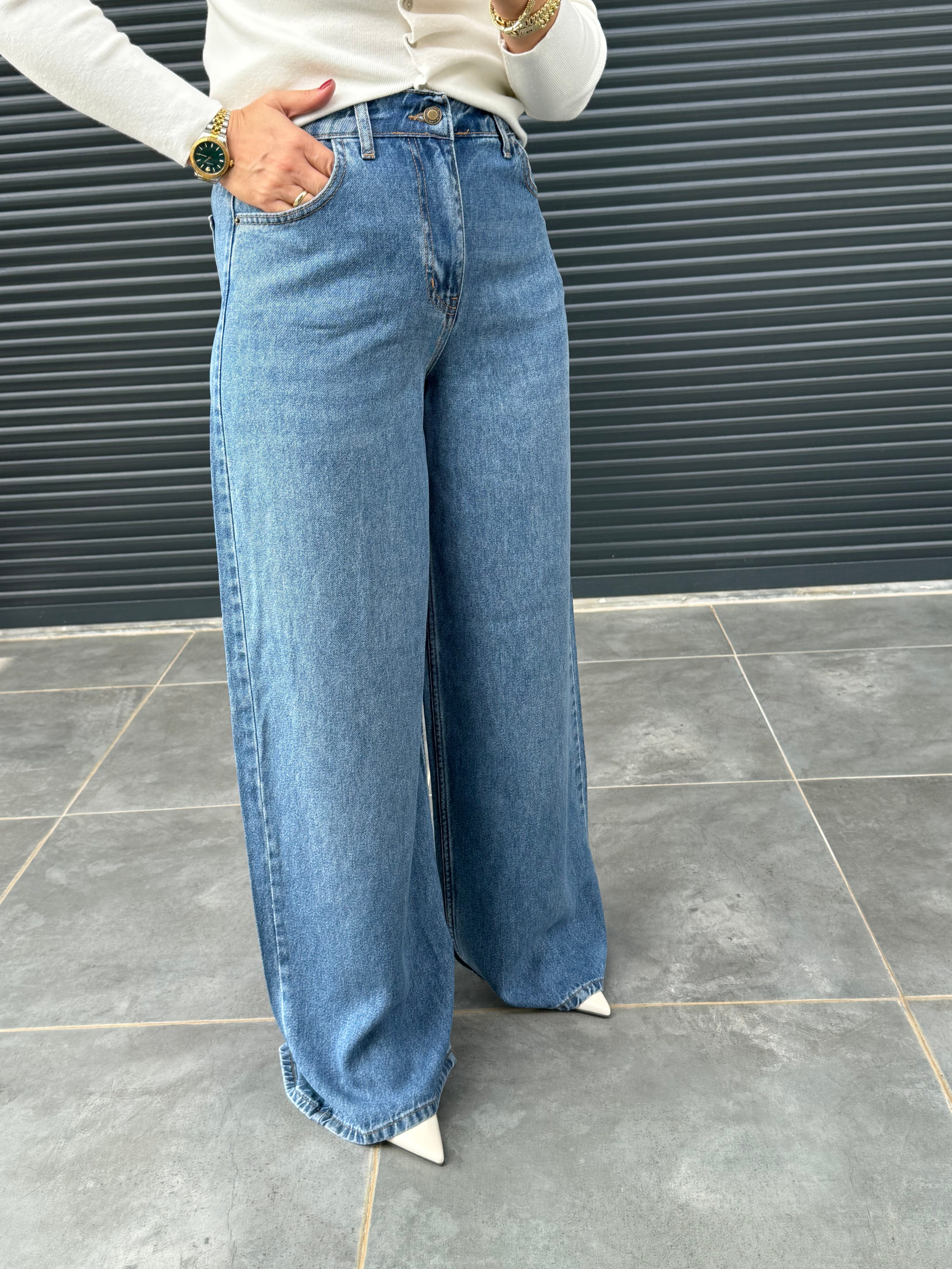 Premium Yumuşak Dokulu Denim Palazzo Kot Mavi