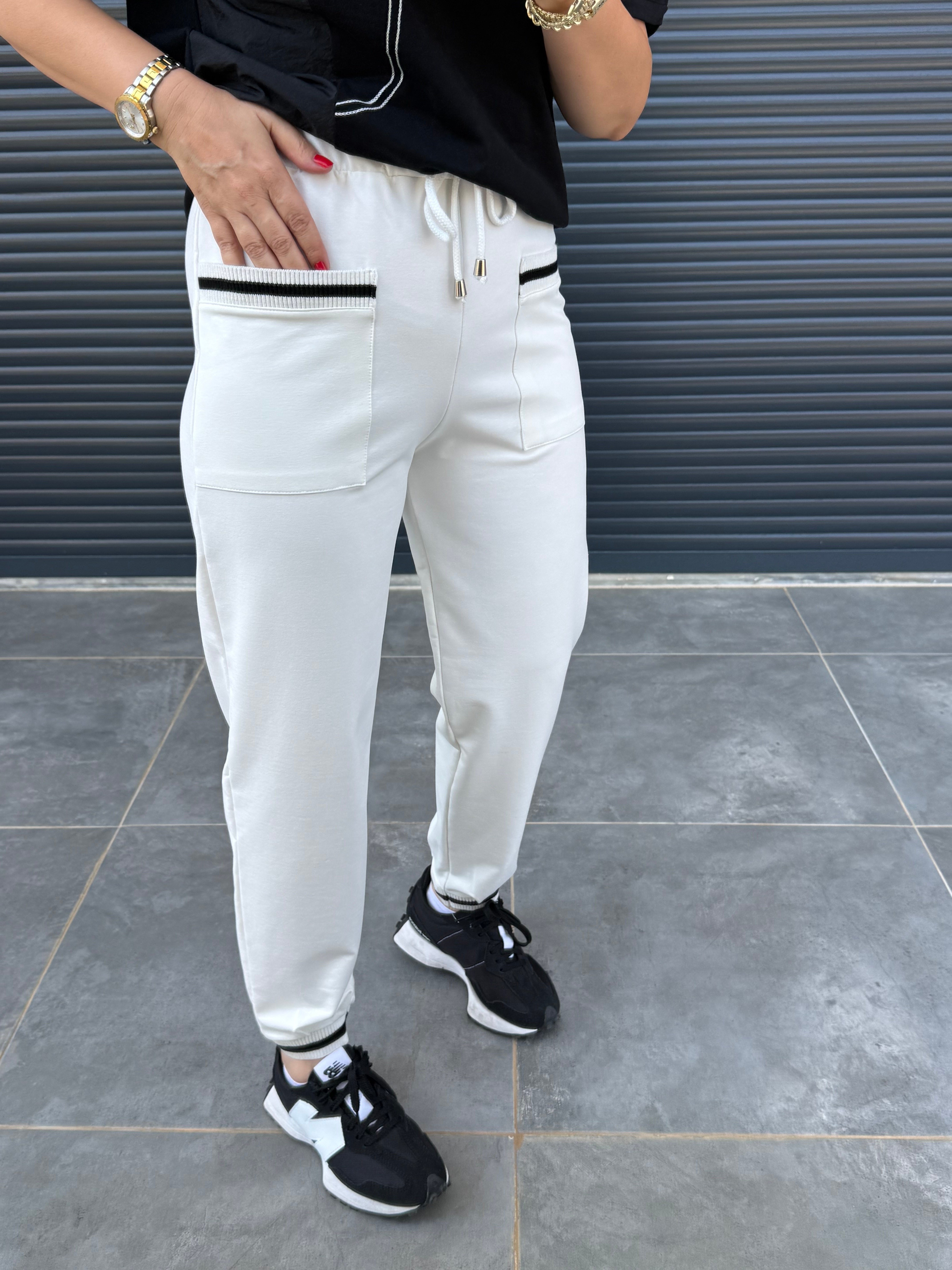 Premium Triko Cepli Pantolon Beyaz