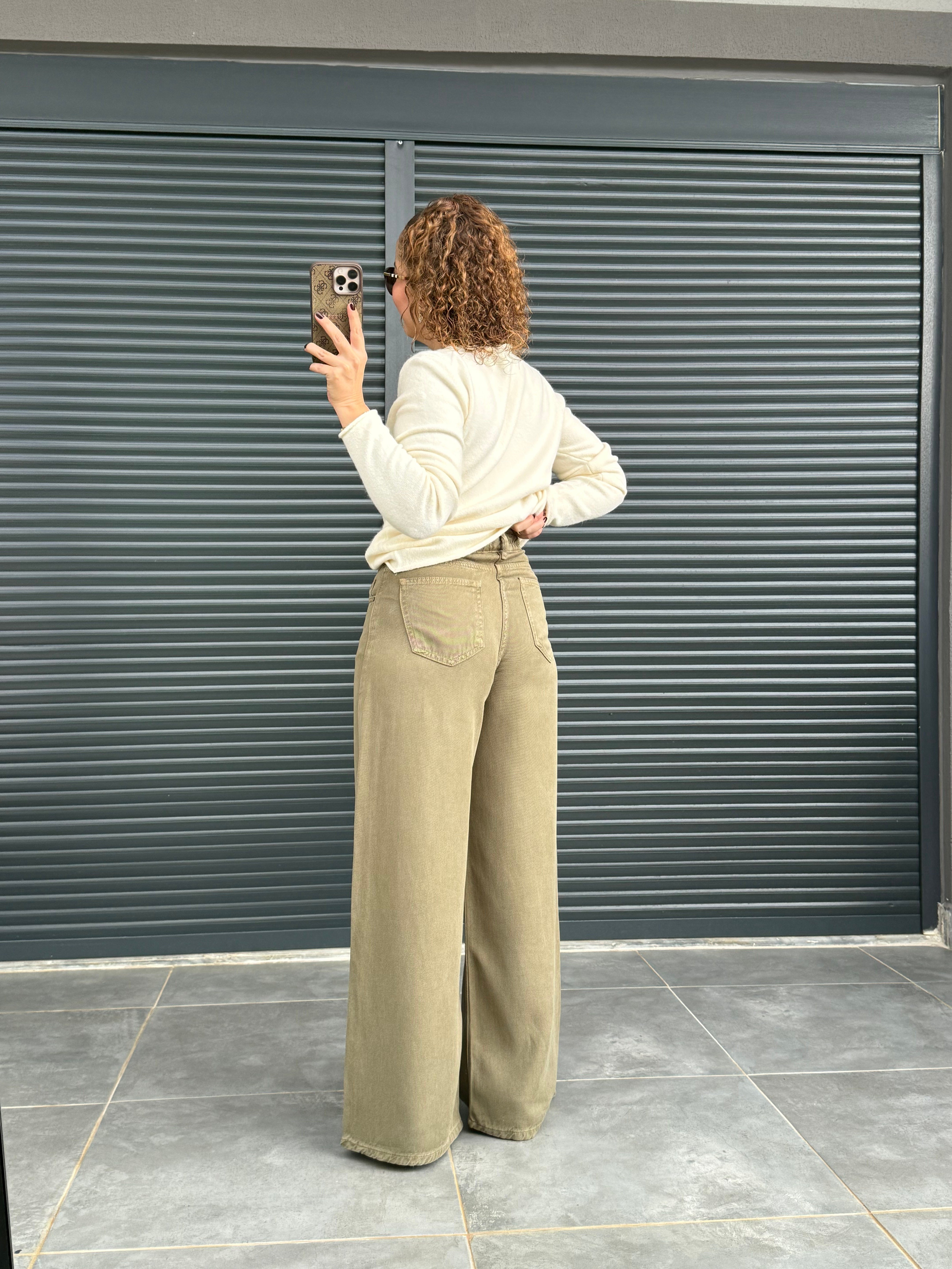 Premium Yumuşak Doku Denim Palazzo Haki