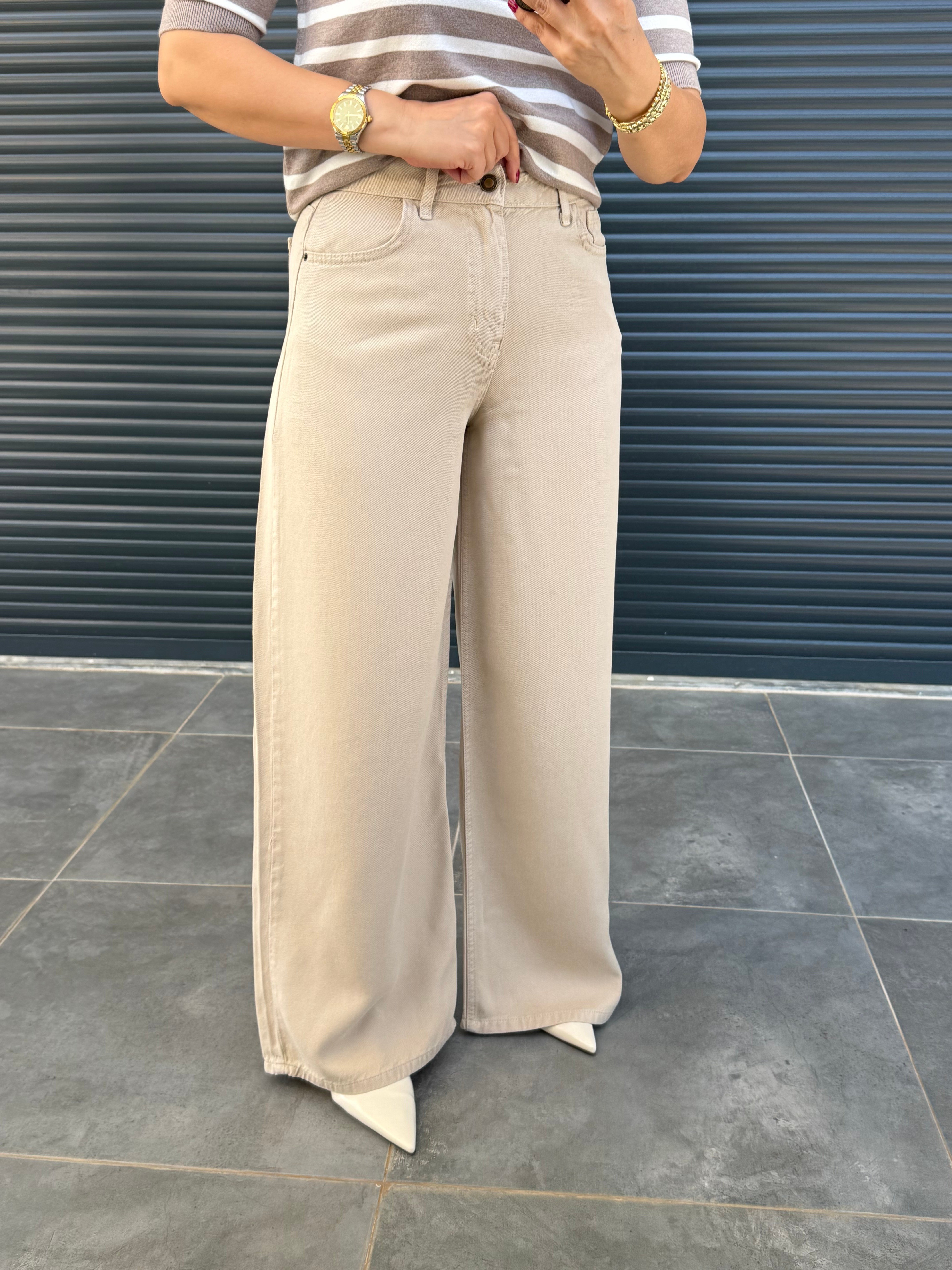 Premium Yumuşak Dokulu Denim Palazzo Bej