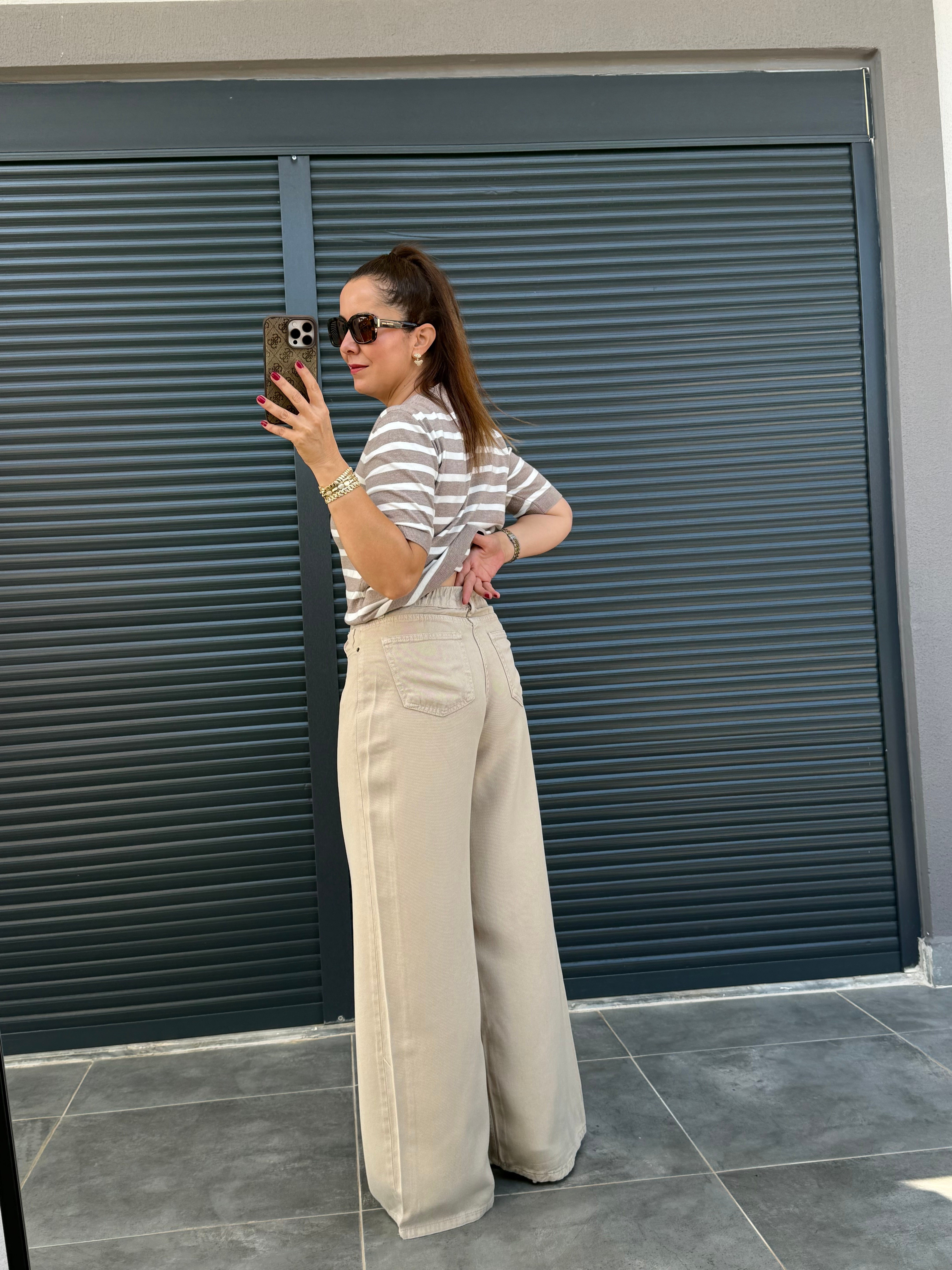 Premium Yumuşak Dokulu Denim Palazzo Bej
