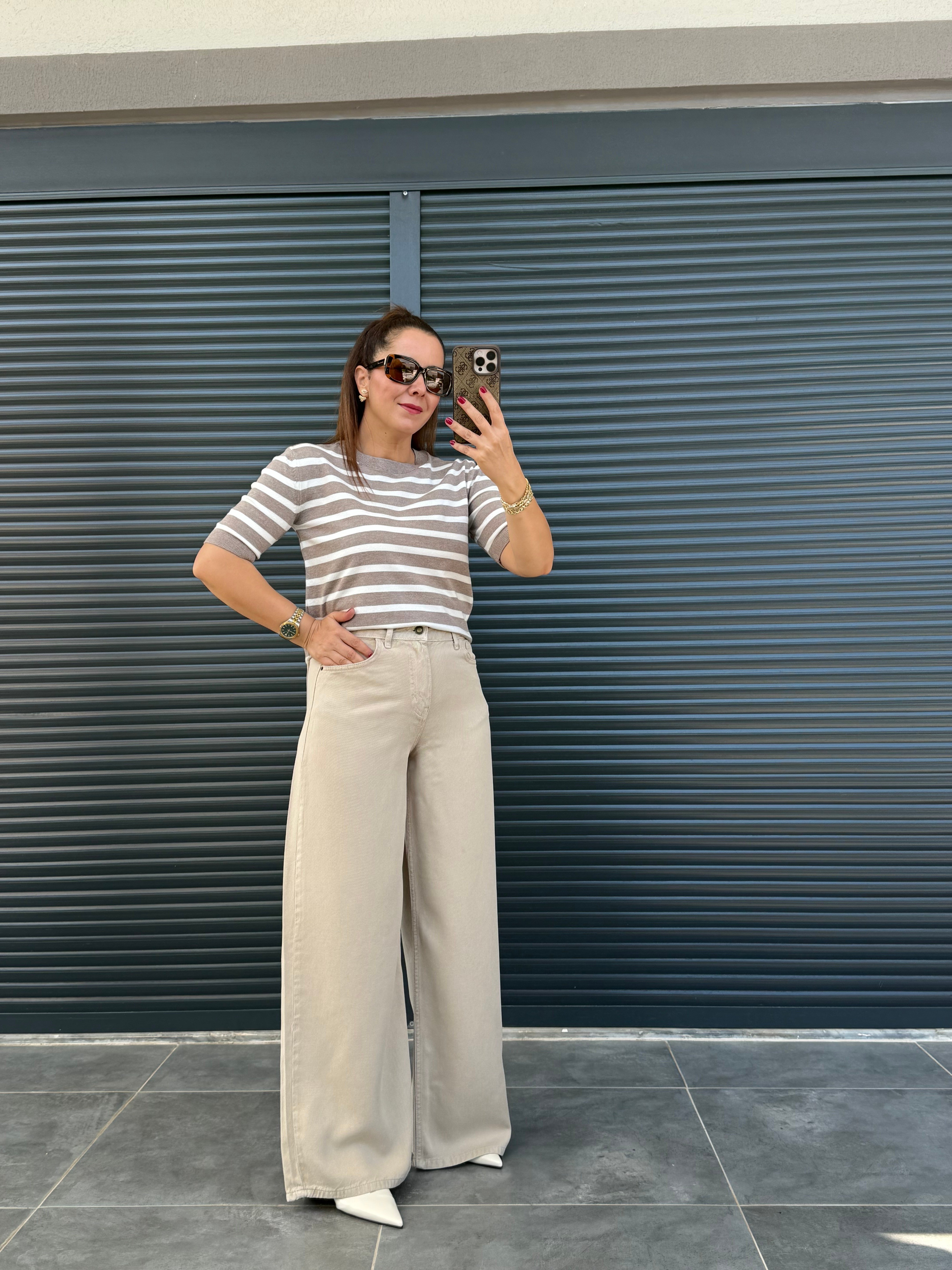 Premium Yumuşak Dokulu Denim Palazzo Bej