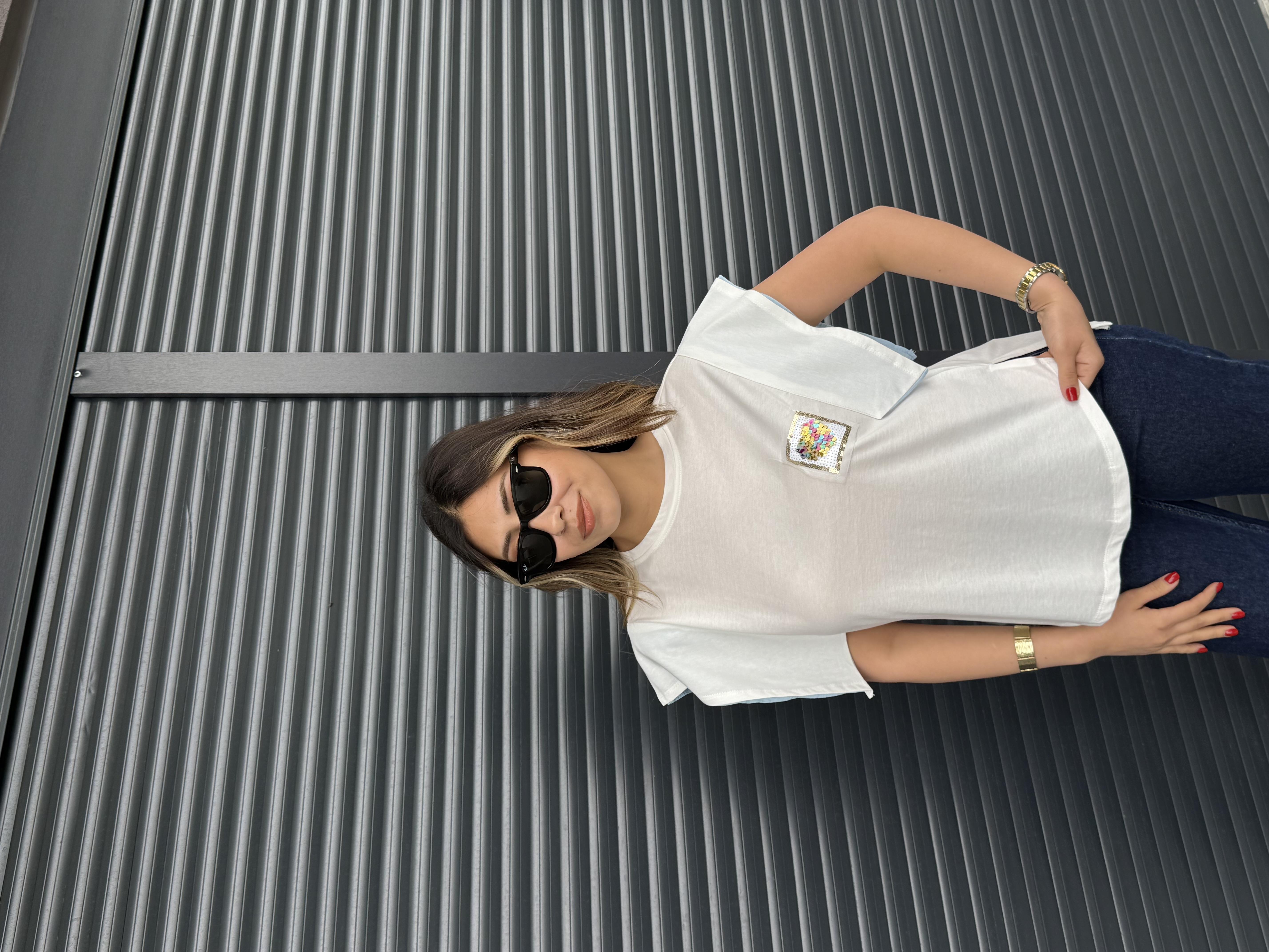 Pul Detaylı Tasarım T-shirt Bebe Mavi