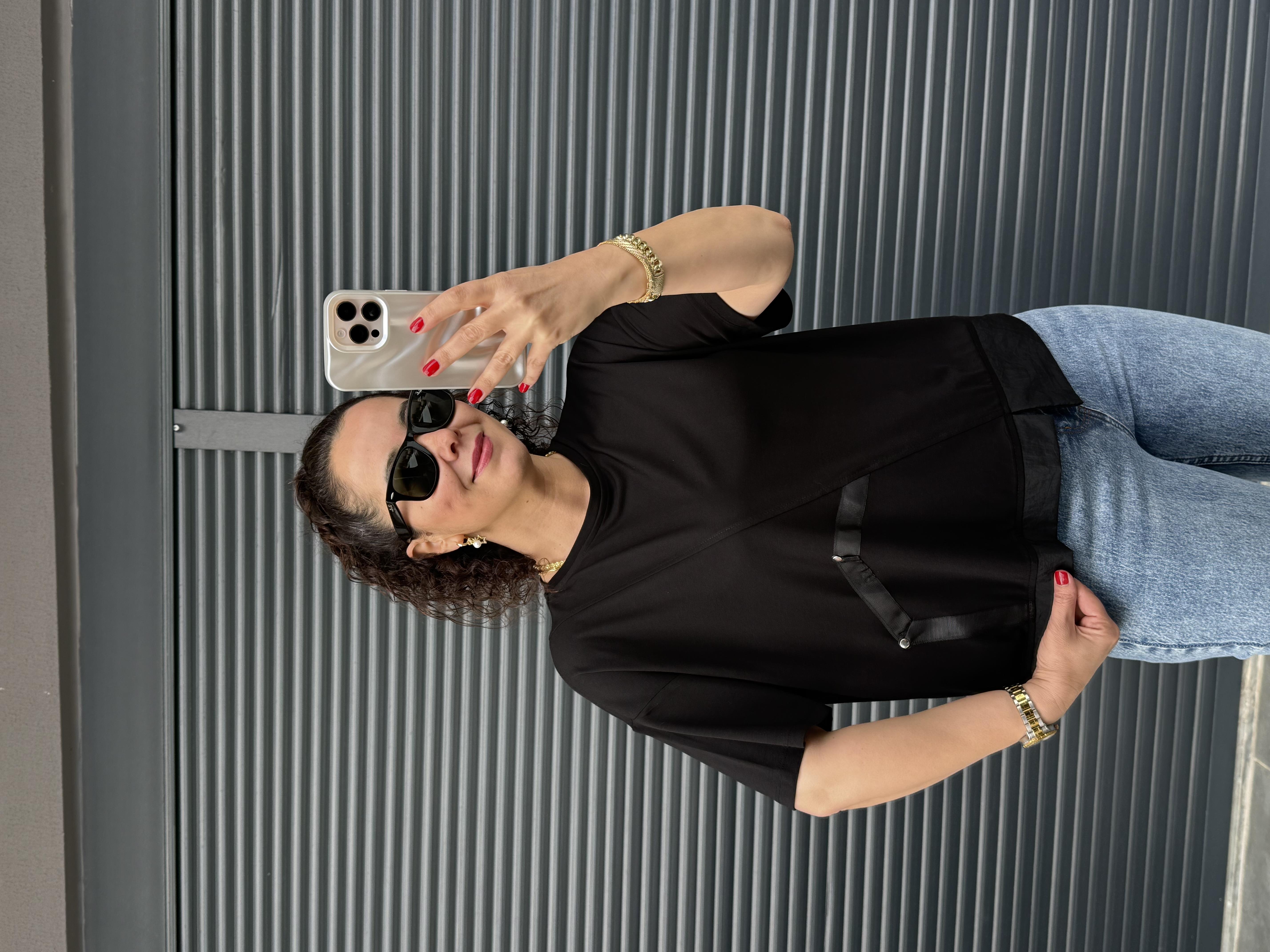 Şerit Zımba Detaylı Tasarım T-shirt Siyah