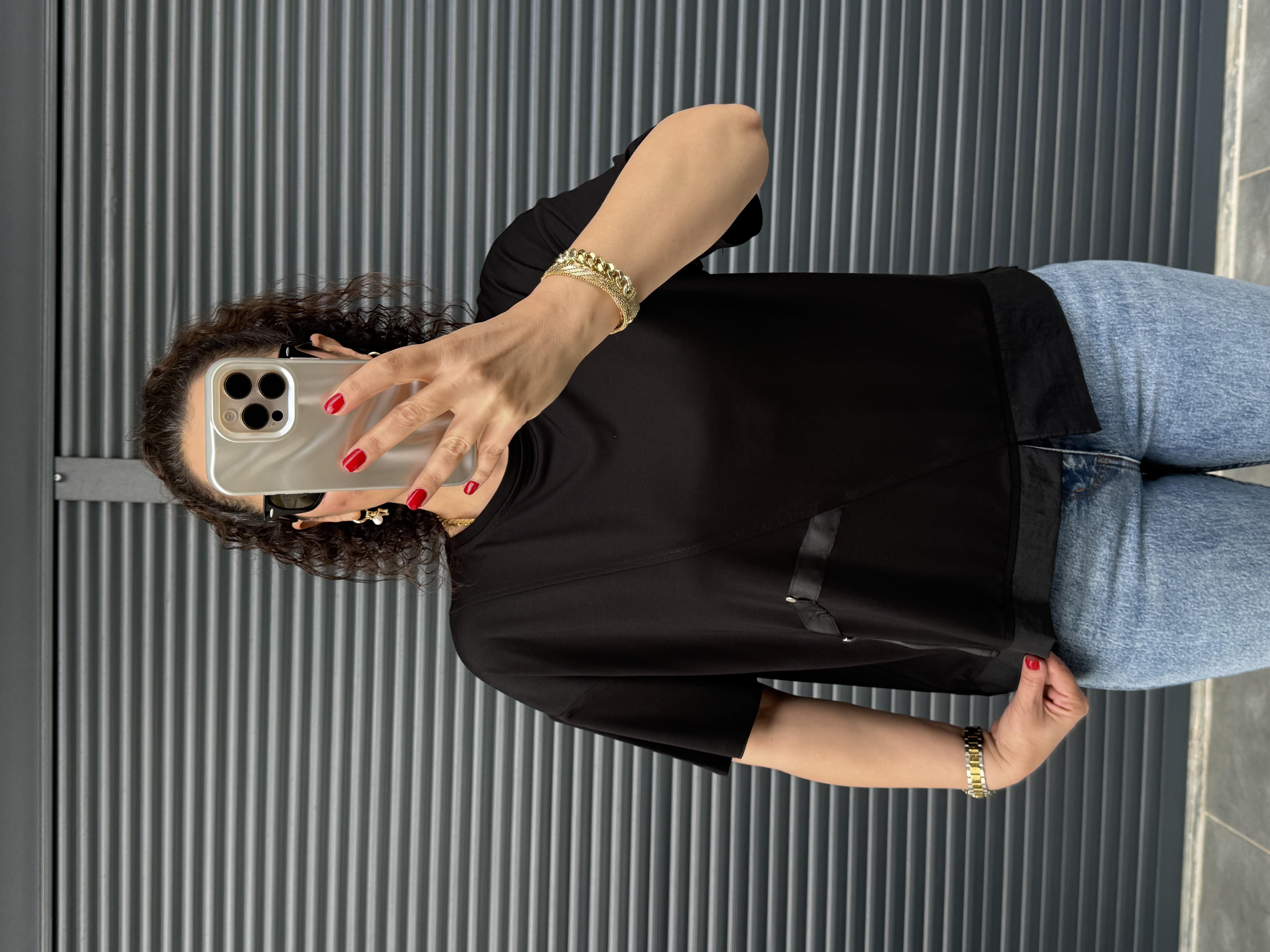 Şerit Zımba Detaylı Tasarım T-shirt Siyah