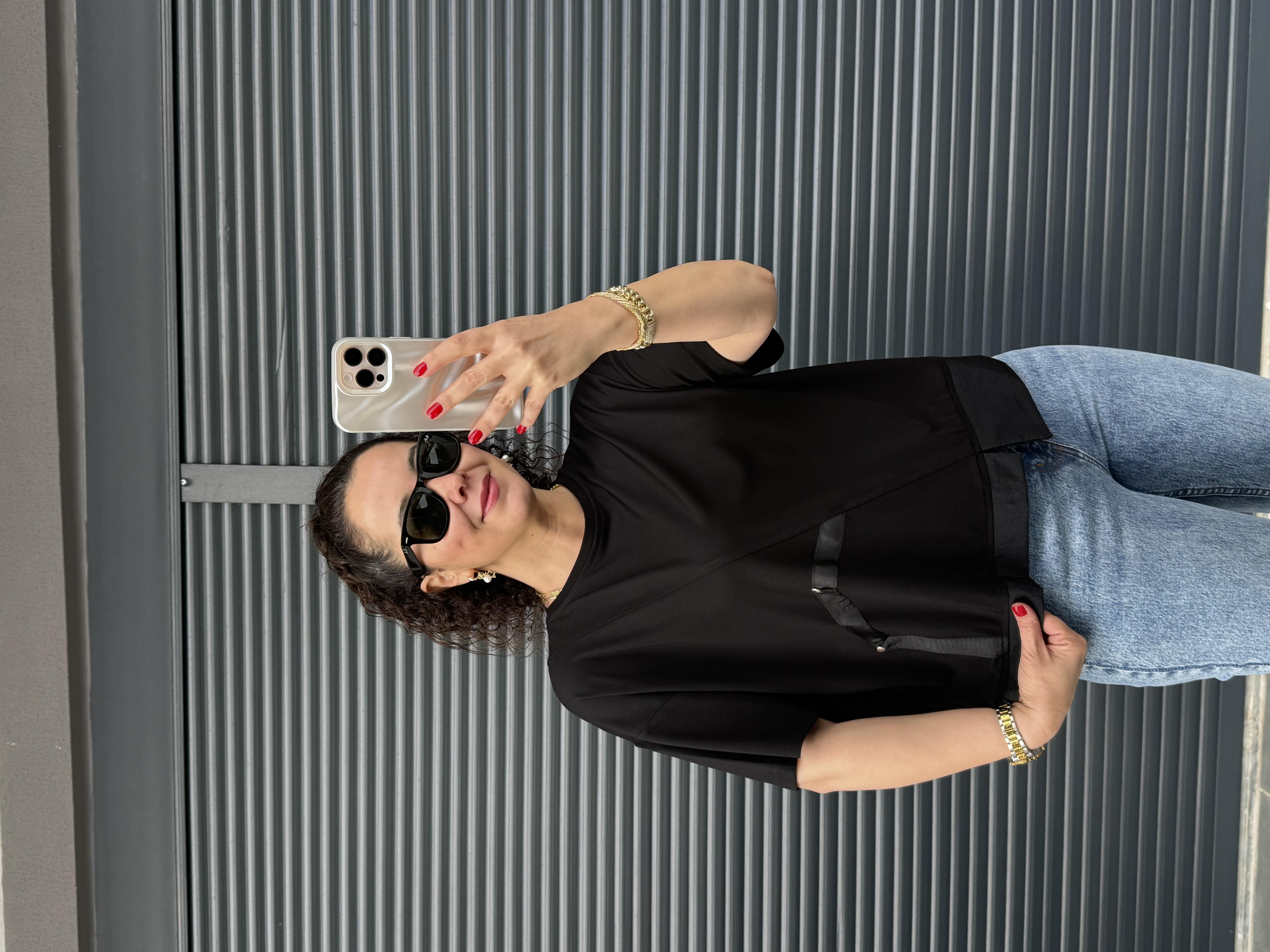 Şerit Zımba Detaylı Tasarım T-shirt Siyah