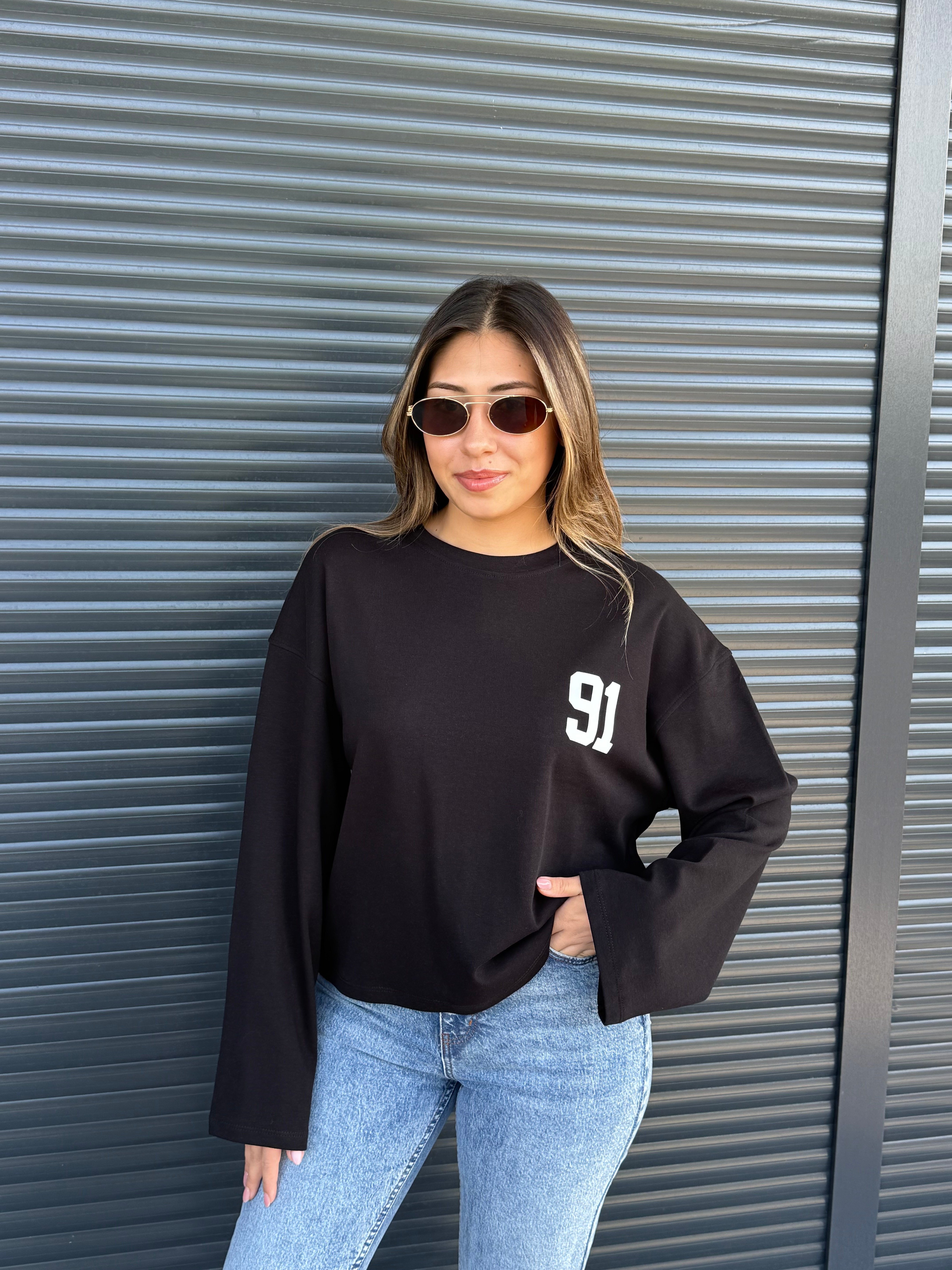 Siyah Rakam Baskılı İnce Sweatshirt
