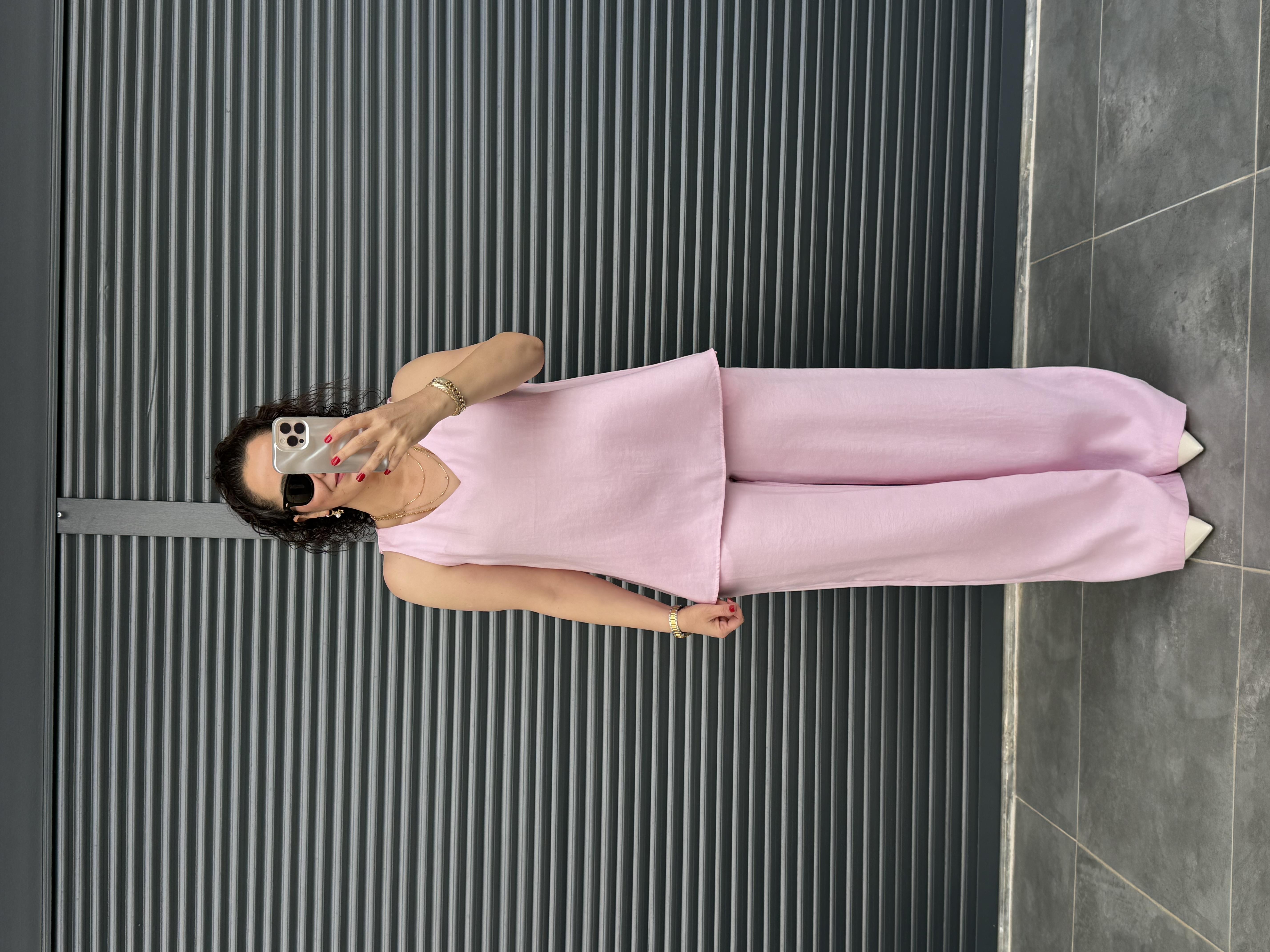 Tensel Kumaş V Yaka Bluz Palazzo Pantolon  Pembe