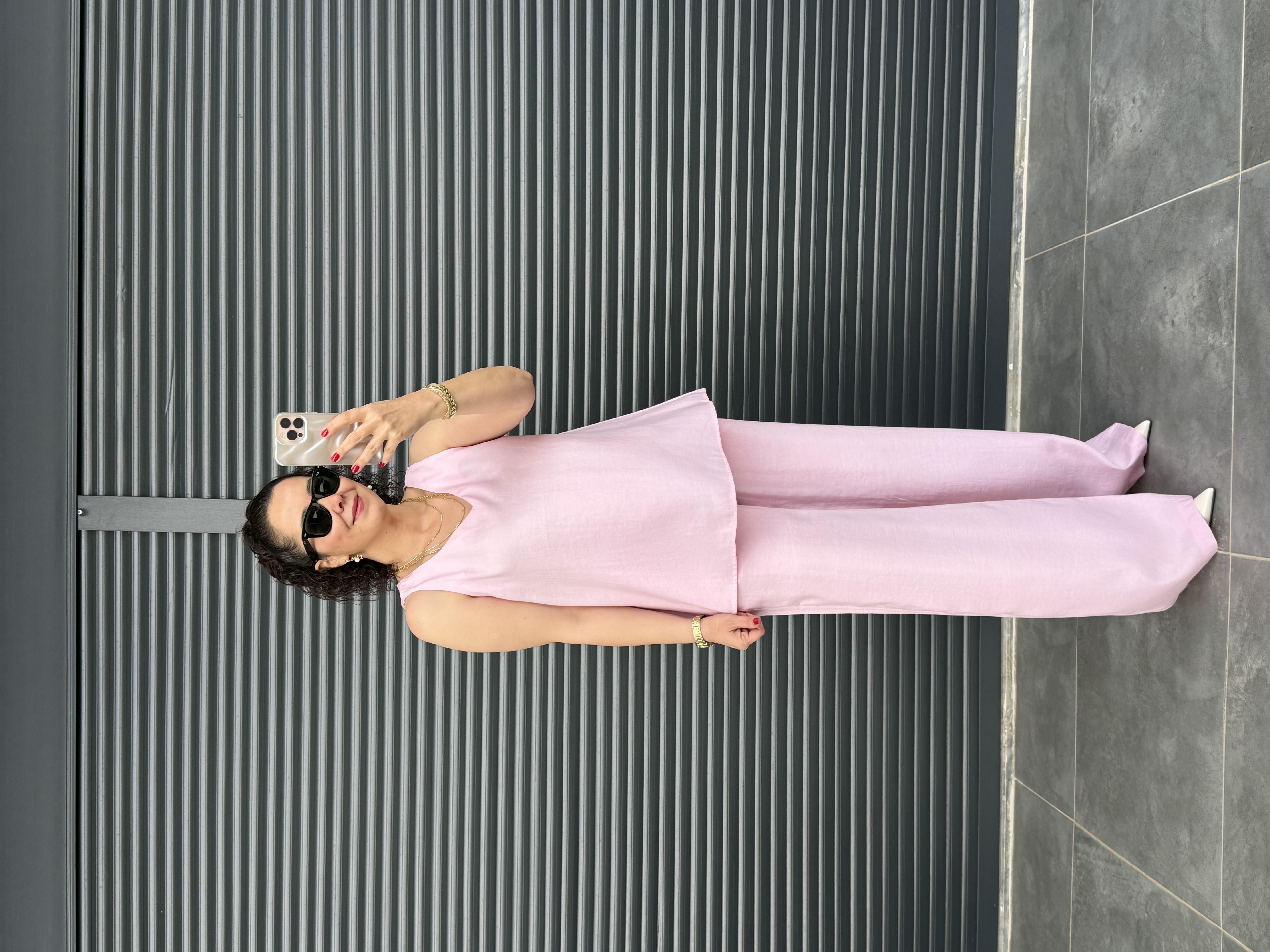 Tensel Kumaş V Yaka Bluz Palazzo Pantolon  Pembe
