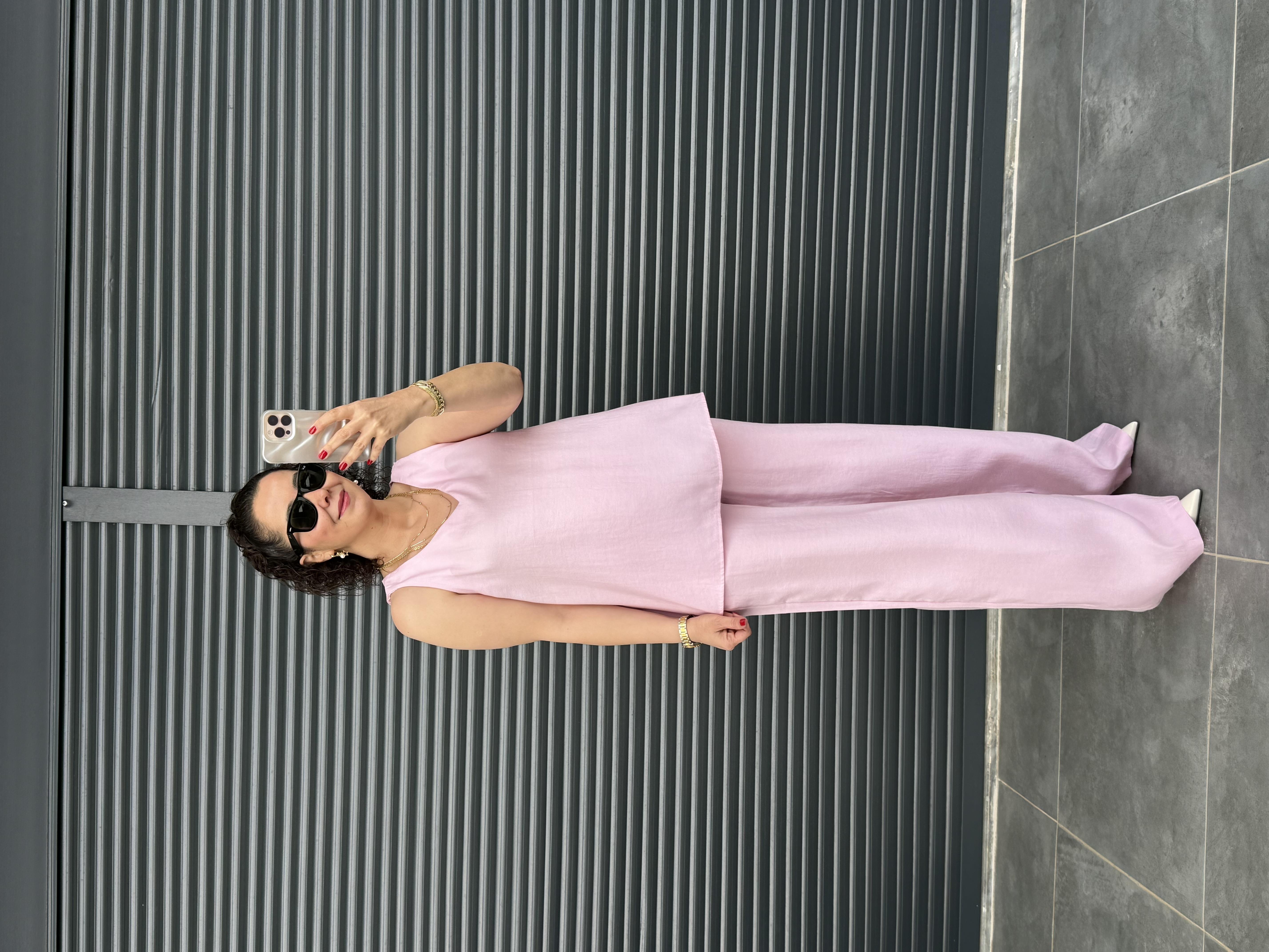 Tensel Kumaş V Yaka Bluz Palazzo Pantolon  Pembe