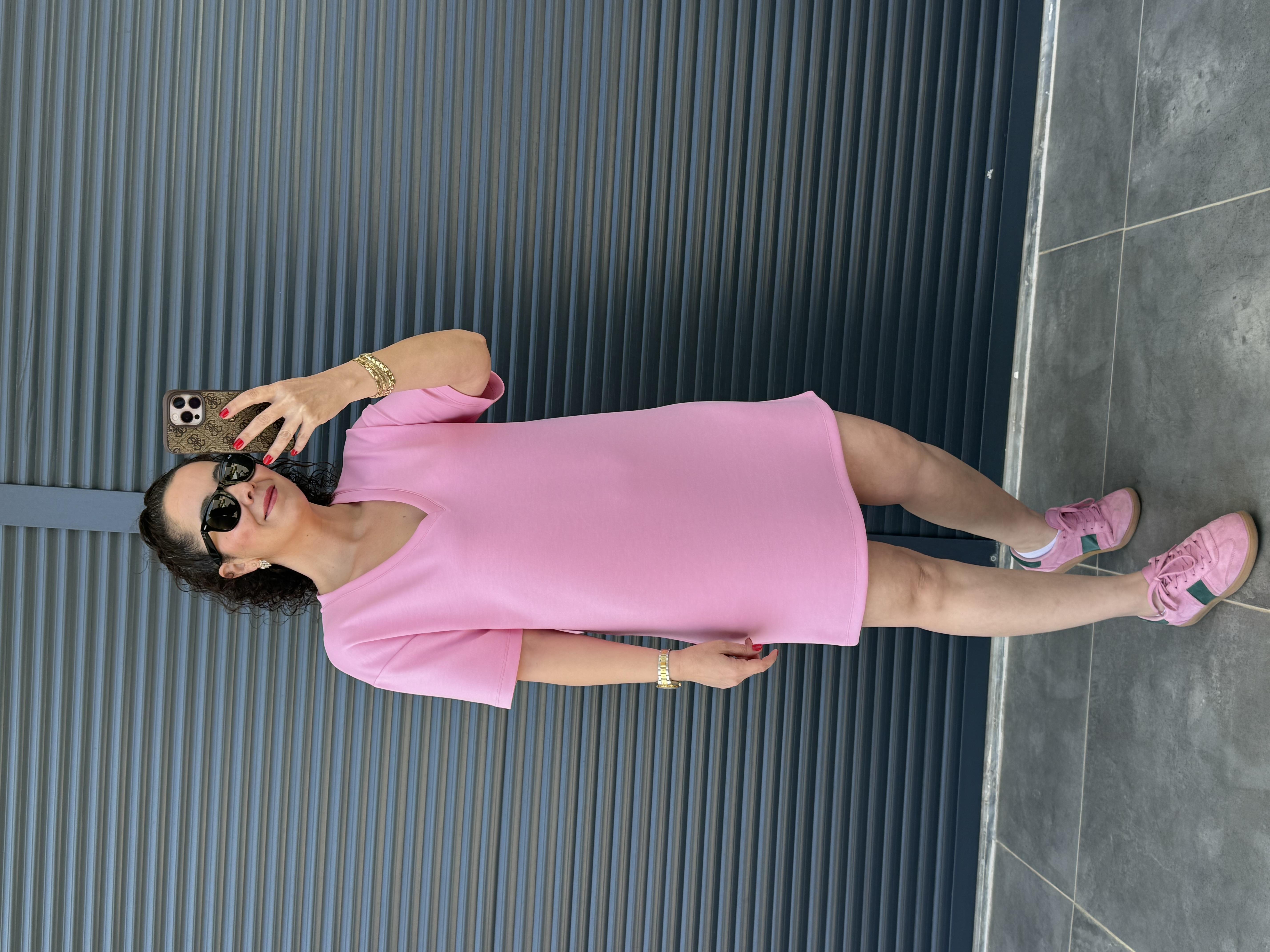 V Yaka Modal Kumaş Dökümlü Elbise  Pembe 