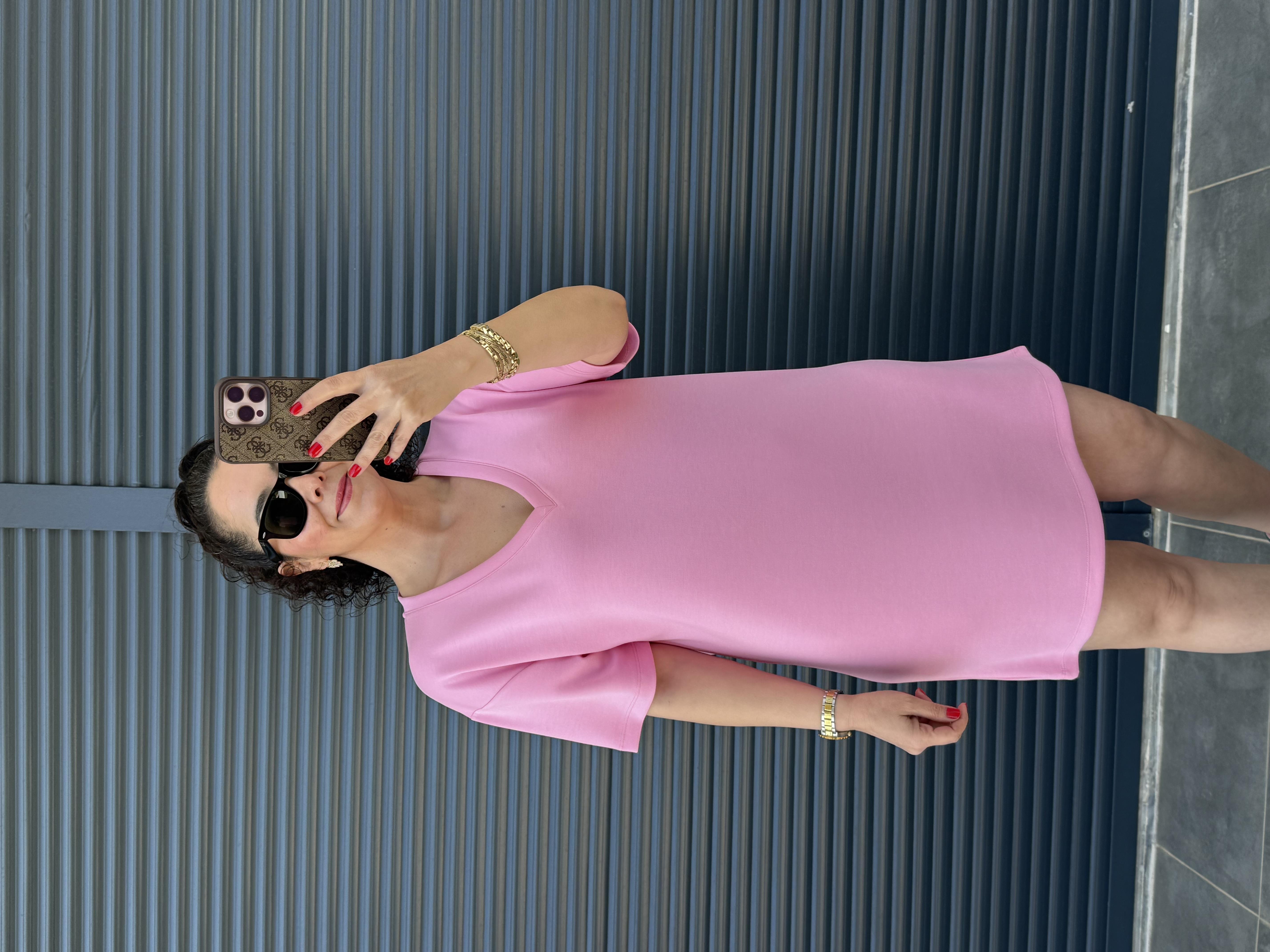 V Yaka Modal Kumaş Dökümlü Elbise  Pembe 