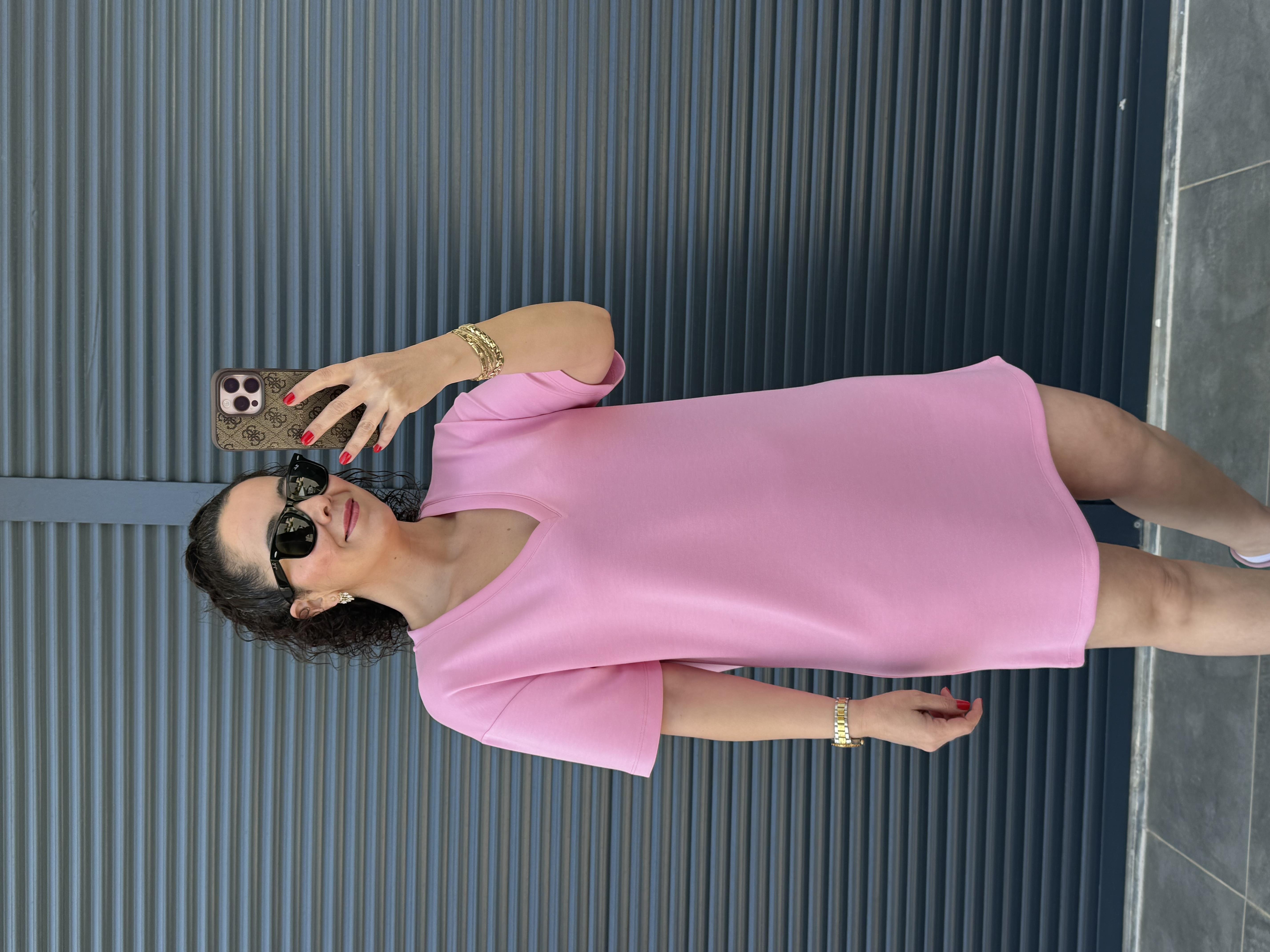 V Yaka Modal Kumaş Dökümlü Elbise  Pembe 