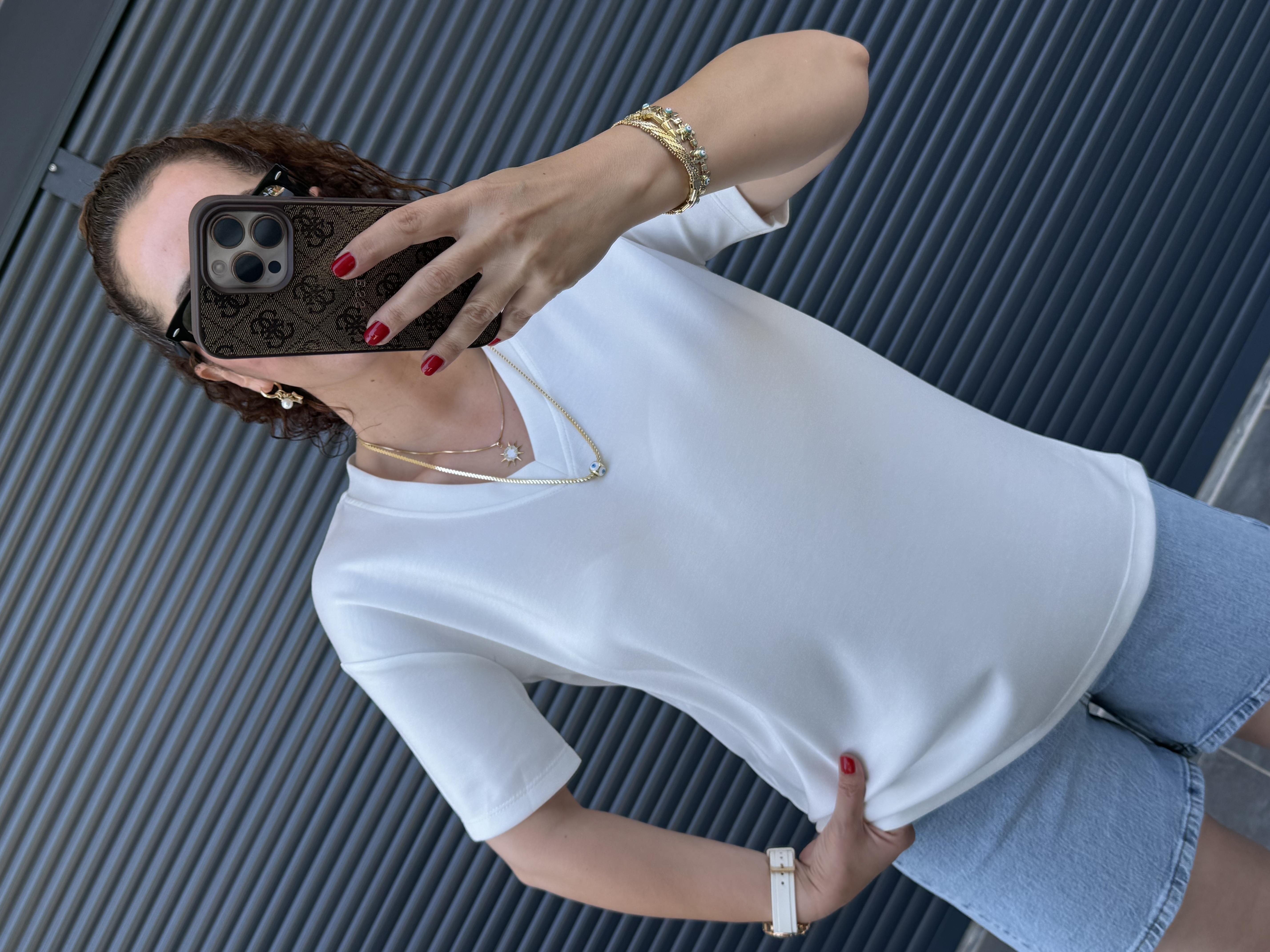 V Yaka Modal Kumaş T-shirt Beyaz 