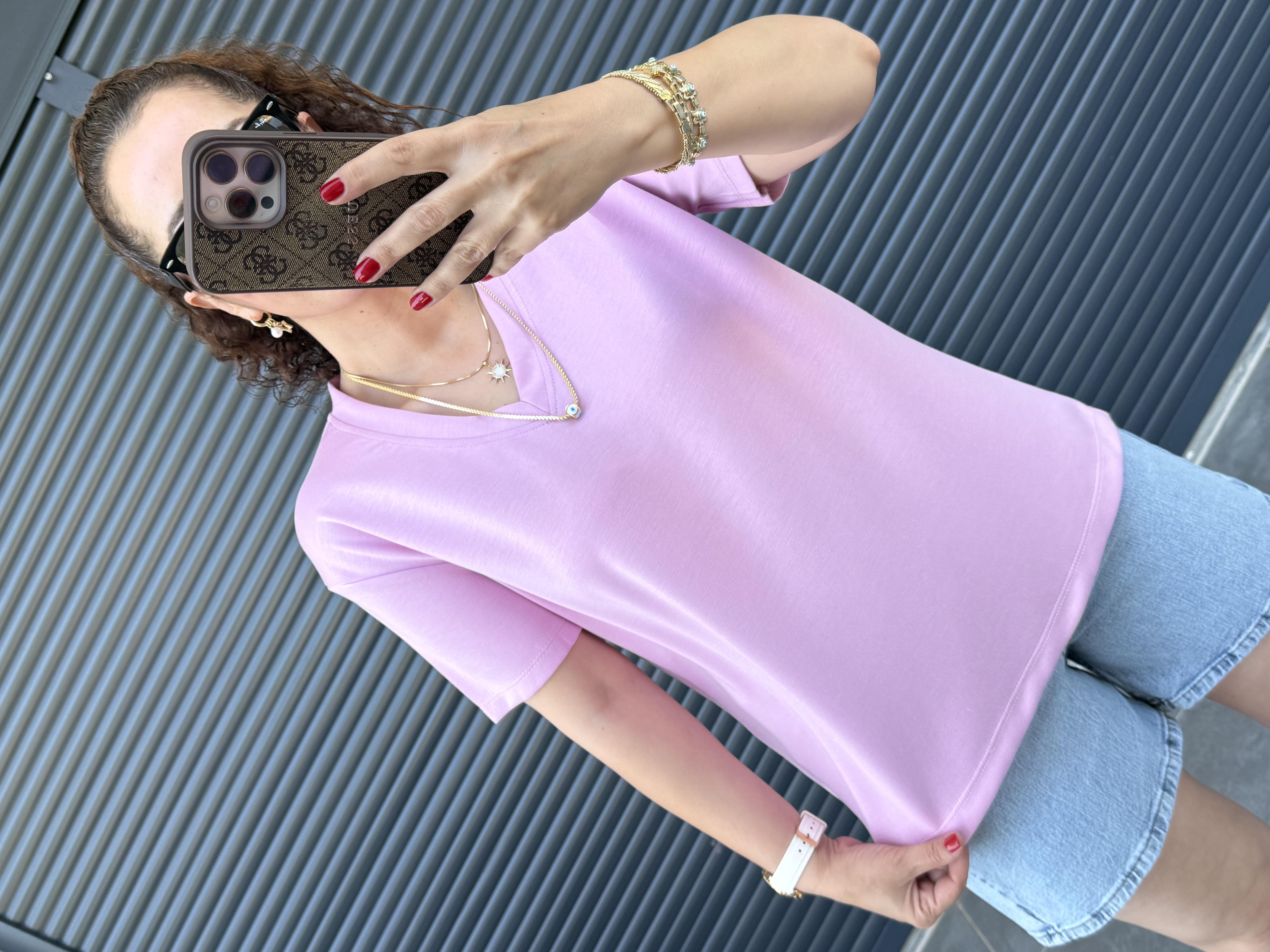 V Yaka Modal Kumaş T-shirt  Pembe