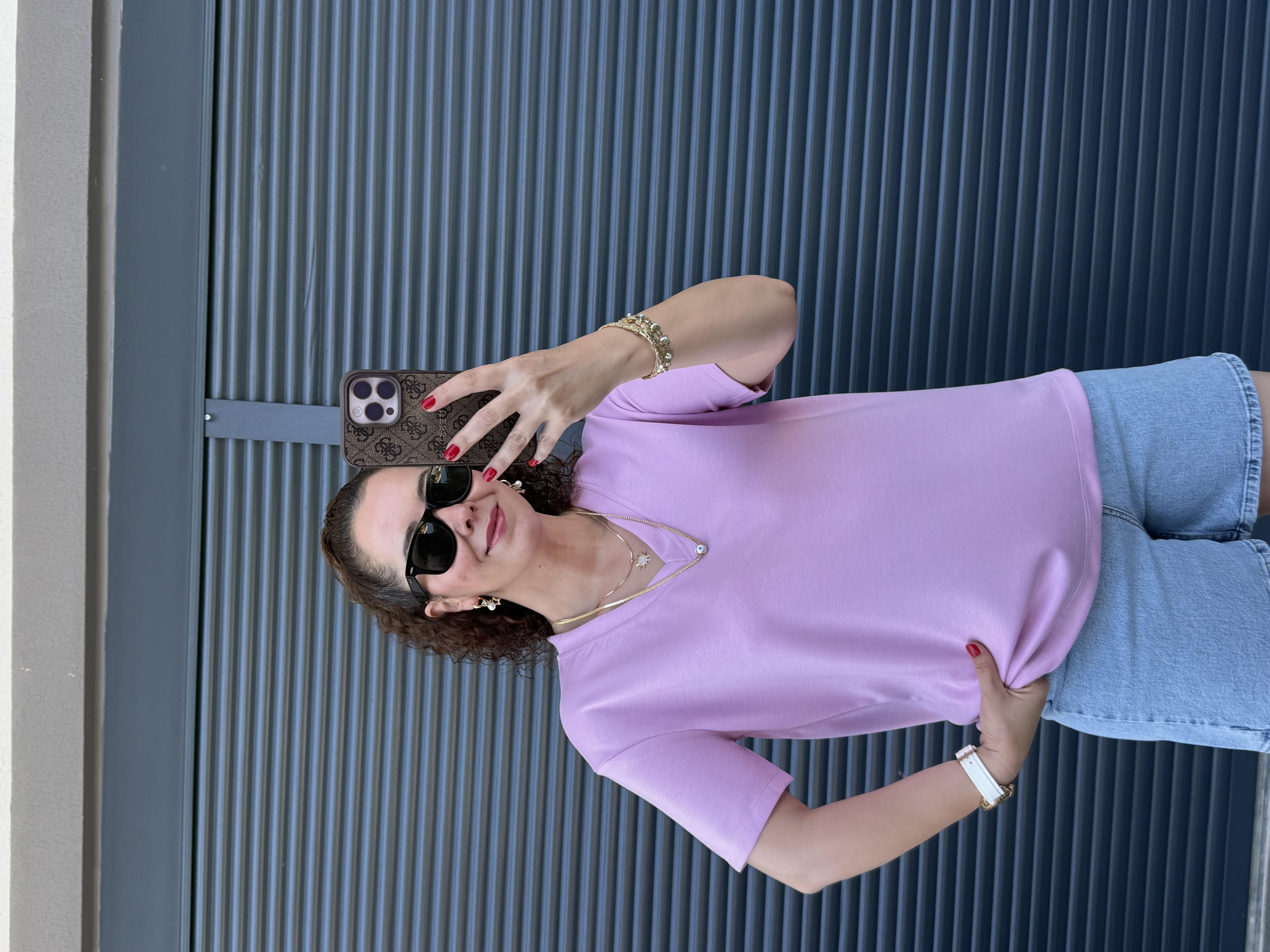 V Yaka Modal Kumaş T-shirt  Pembe