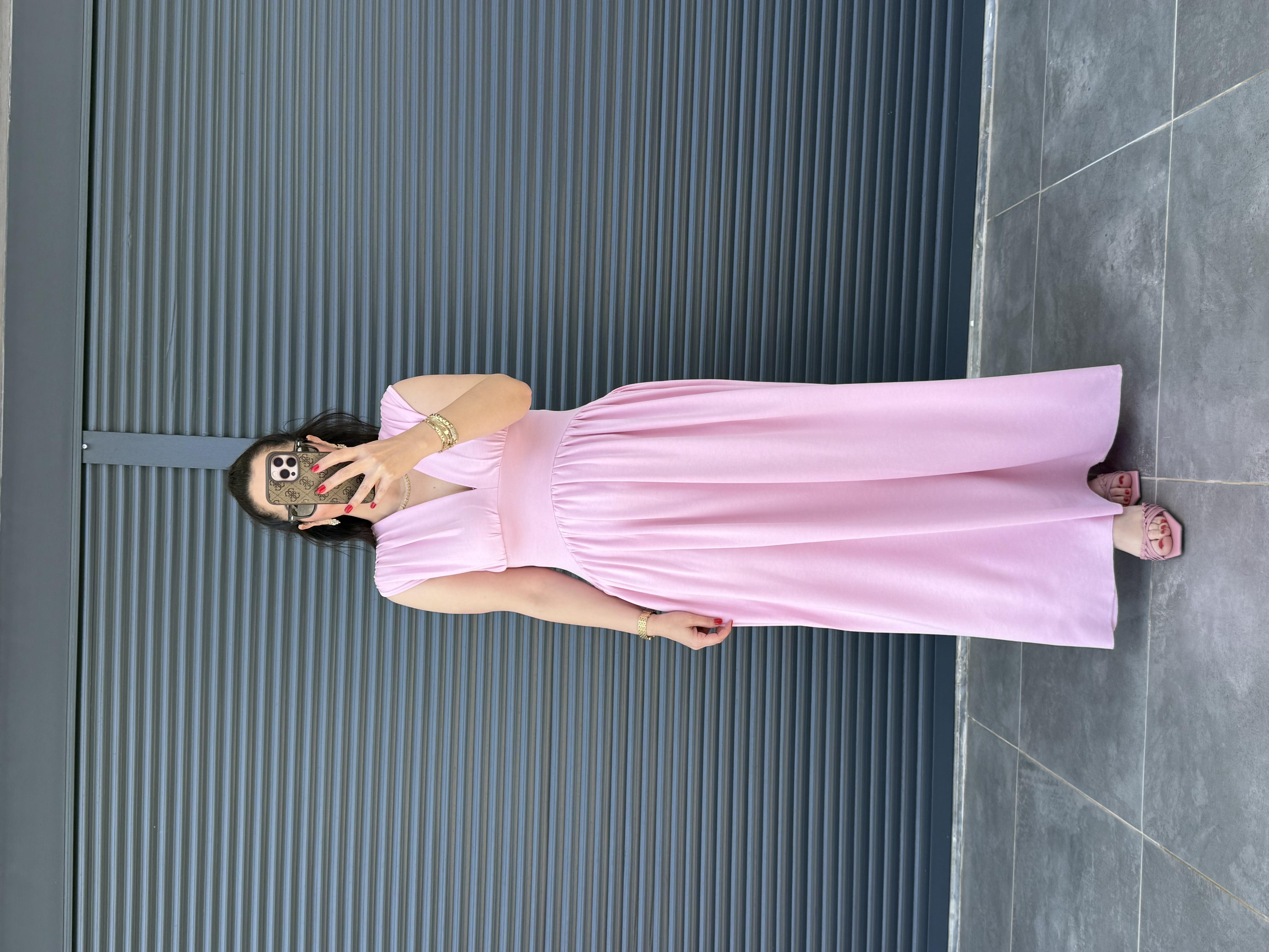 V Yaka Sıfır Kol Modal Elbise Pembe