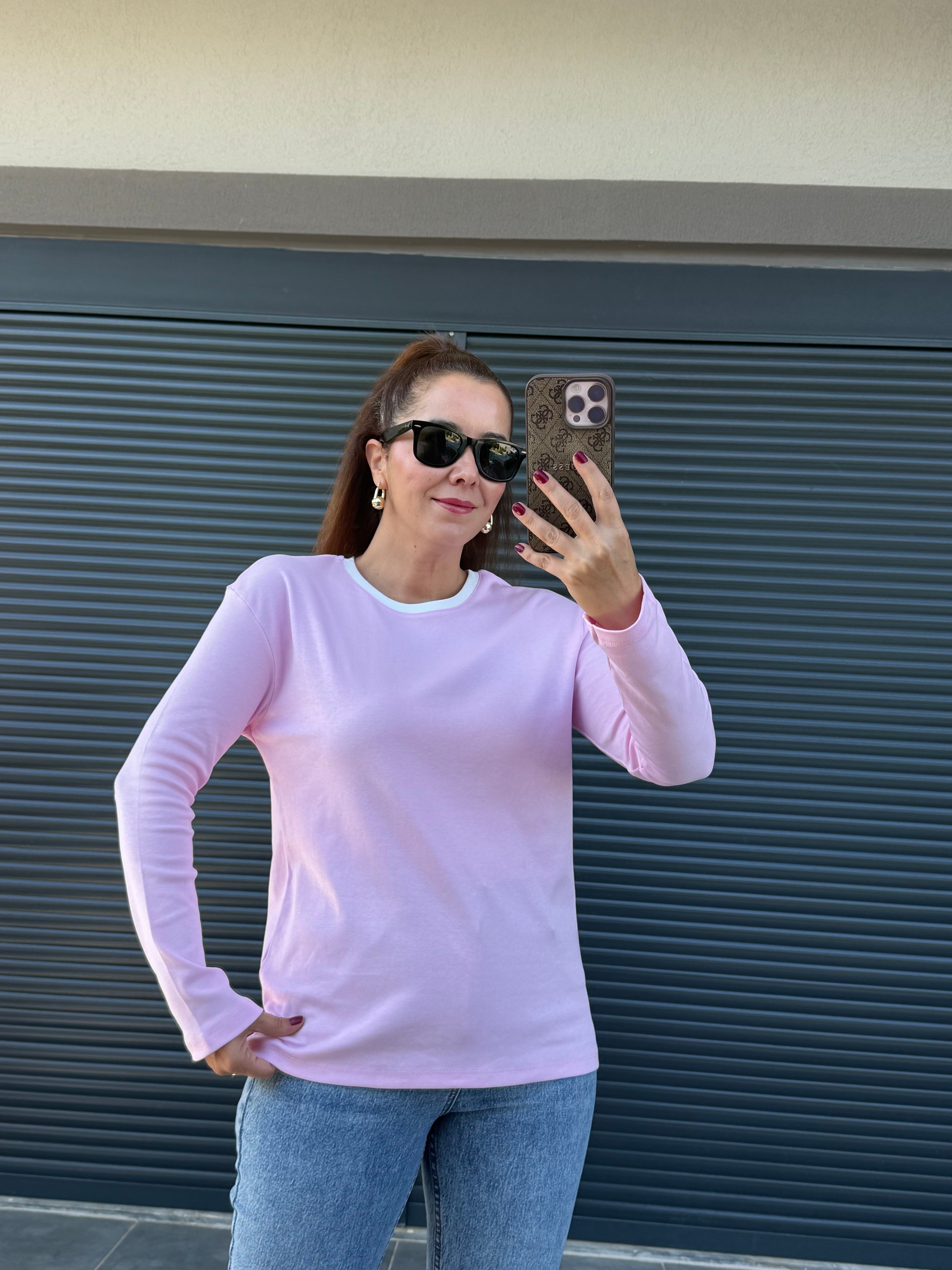 Yakası Garnili Basic Bluz Pembe