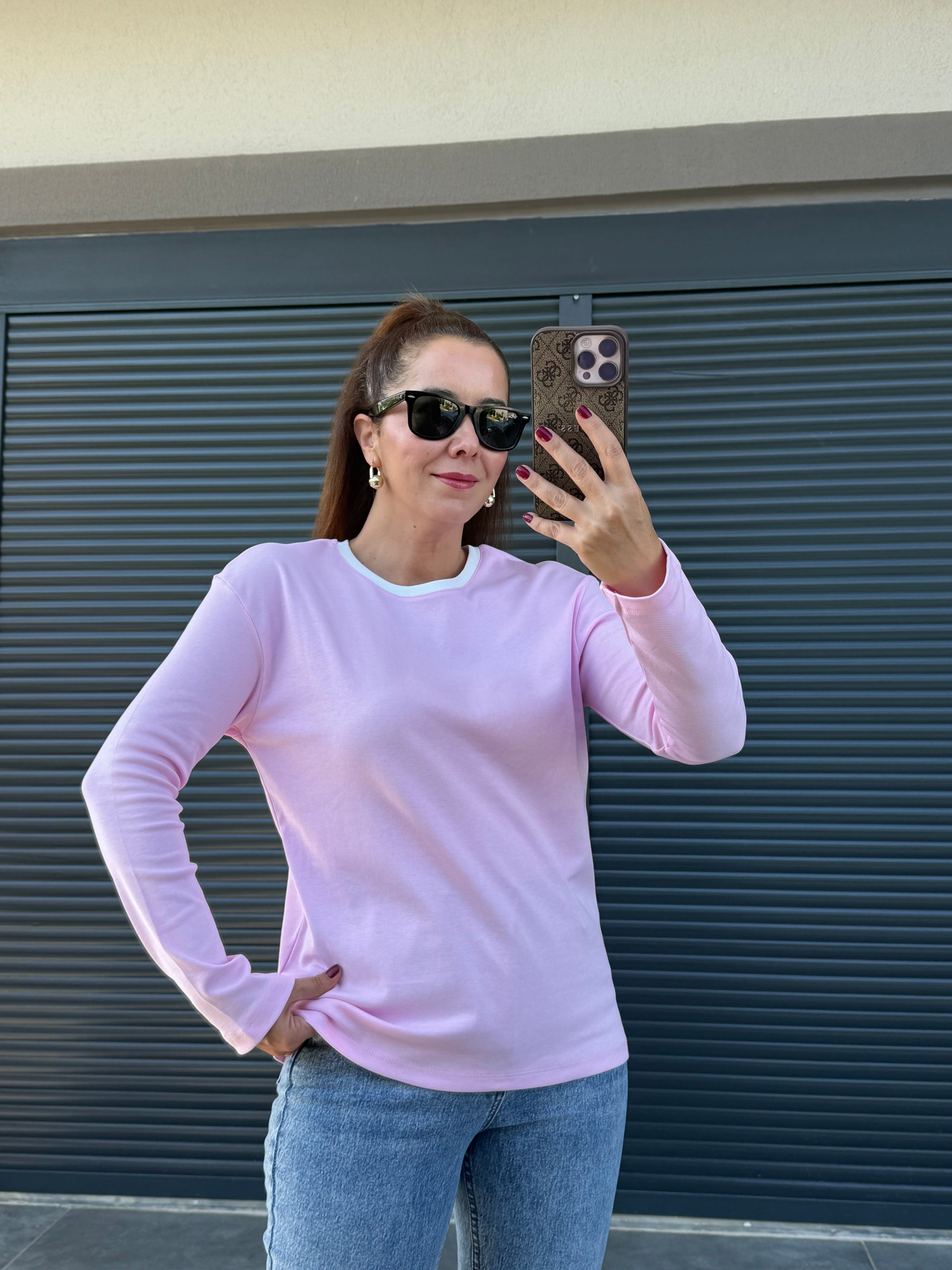 Yakası Garnili Basic Bluz Pembe