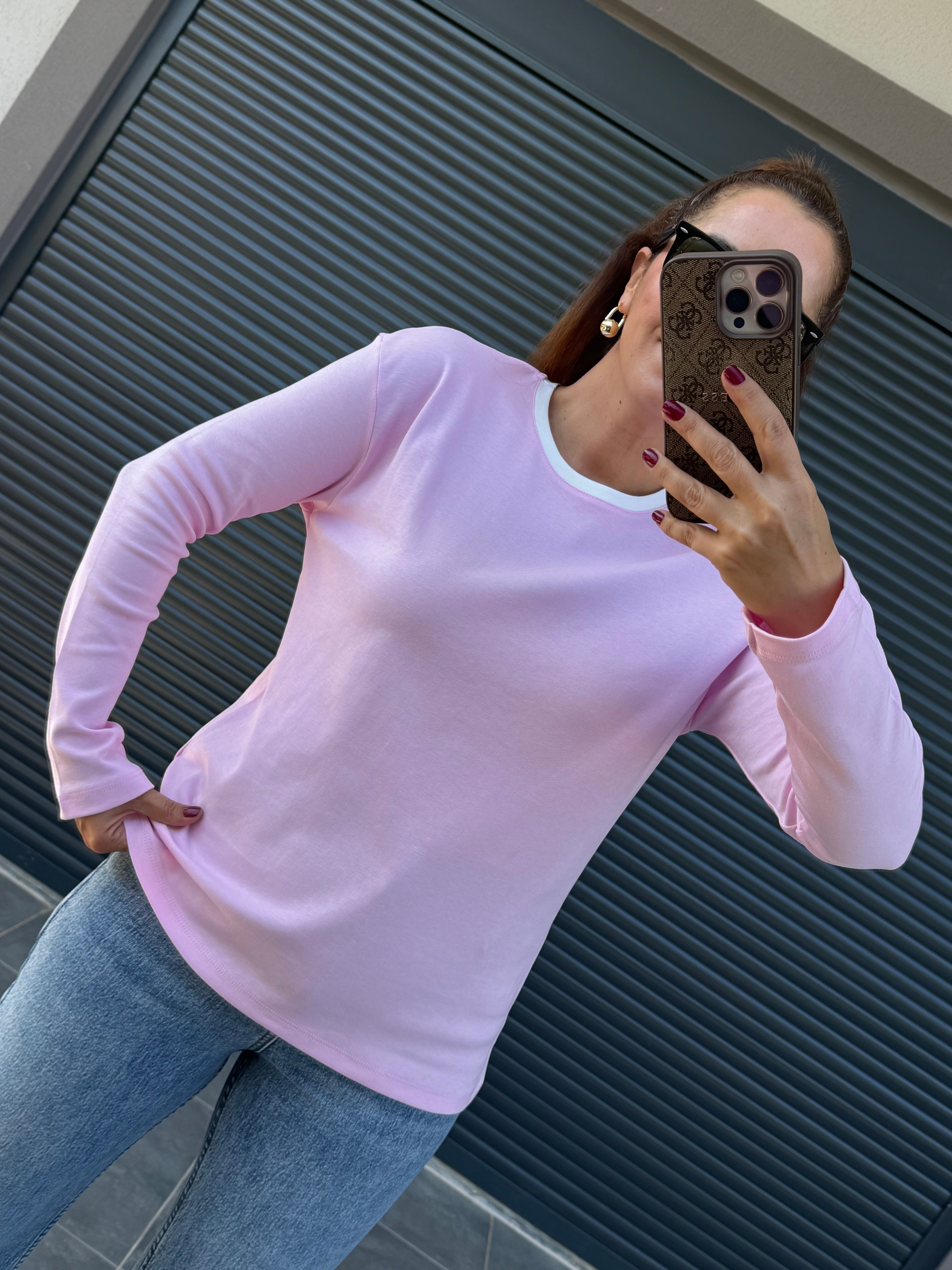 Yakası Garnili Basic Bluz Pembe