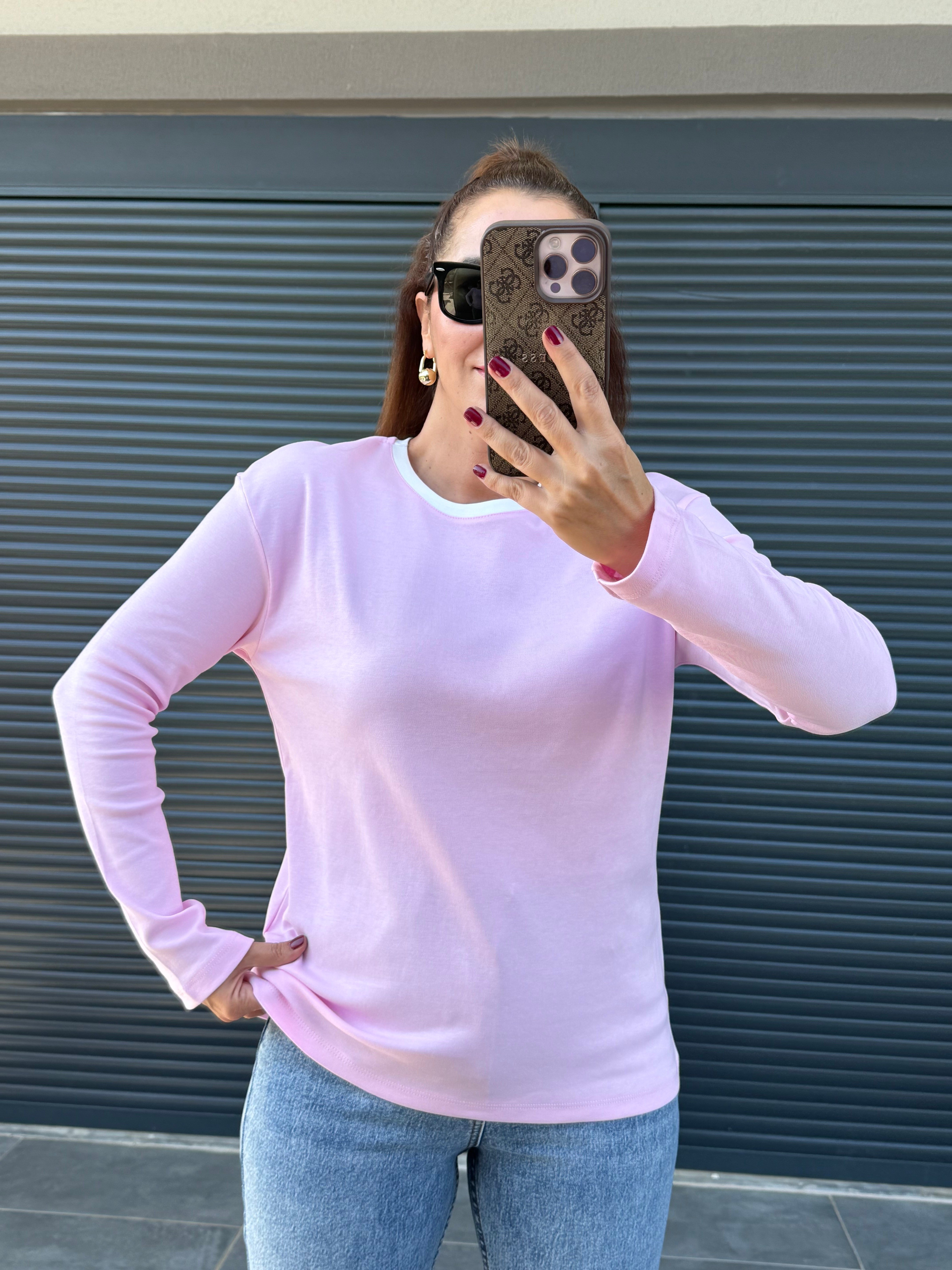 Yakası Garnili Basic Bluz Pembe