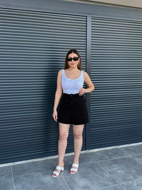 Arka Beli Lastikli Tensel Kot Şort Siyah