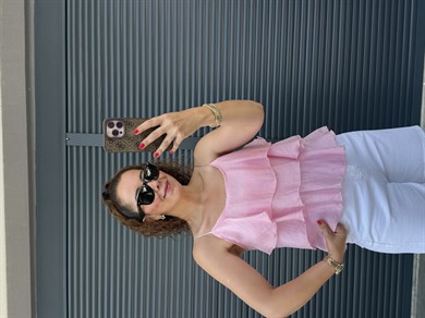 Askılı Fırfırlı Bluz Pembe