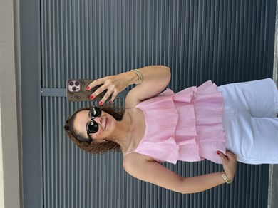 Askılı Fırfırlı Bluz Pembe