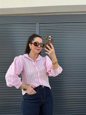 Balon Kol Kendinden Çizgili Gömlek Pembe