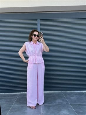 Bel Pileli Gömlek Pantolon Takım Pembe