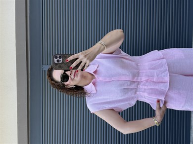 Bel Pileli Gömlek Pantolon Takım Pembe