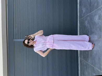 Bel Pileli Gömlek Pantolon Takım Pembe