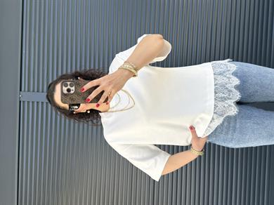 Bisiklet Yaka Dantel Detaylı T-shirt Beyaz