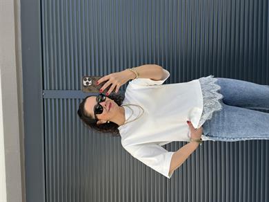 Bisiklet Yaka Dantel Detaylı T-shirt Beyaz