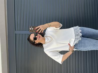 Bisiklet Yaka Dantel Detaylı T-shirt Beyaz