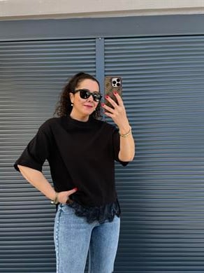 Bisiklet Yaka Dantel Detaylı T-shirt Siyah