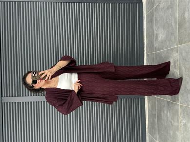 Bürümcük Kumaş Kimono Pantolon Takım Mürdüm