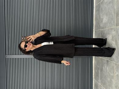 Bürümcük Kumaş Kimono Pantolon Takım Siyah