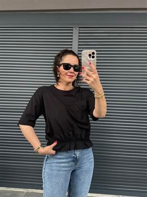 Cepli Büzgülü Tasarım T-shirt Siyah