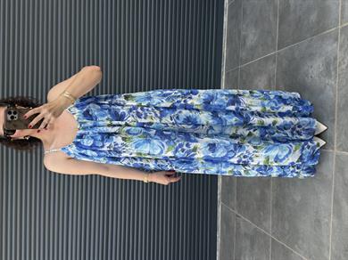 Çiçek Desen İp Akıı Astarlı Elbise Mavi