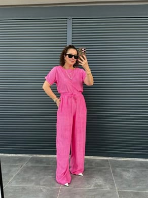 Çilek Kumaş Pantolon Bluz Takım Pembe